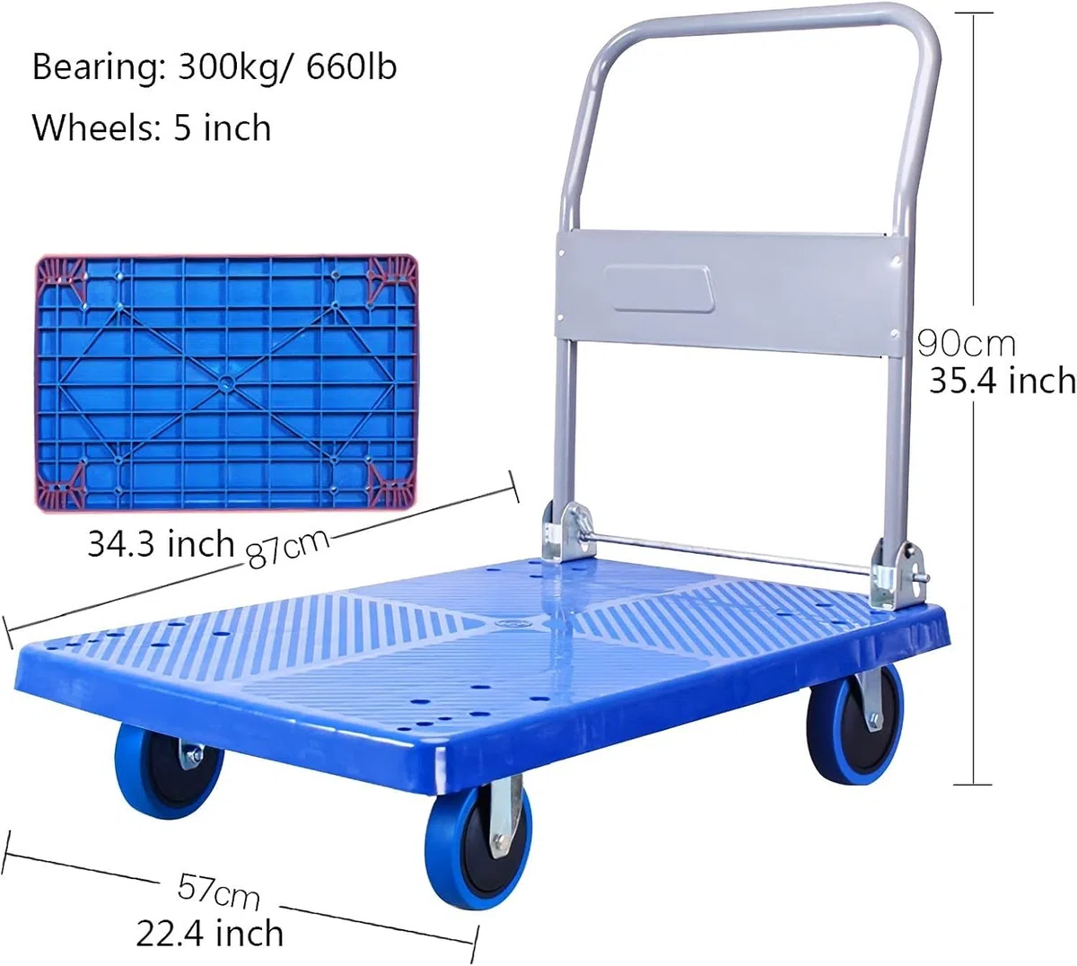 Zusammenklappbarer Handwagen mit Faltbarer Plattform, Kunststoffdeck, Handwagen mit Metallgriff, für den Transport unterwegs, leise Räder, passend für den Außenbereich un