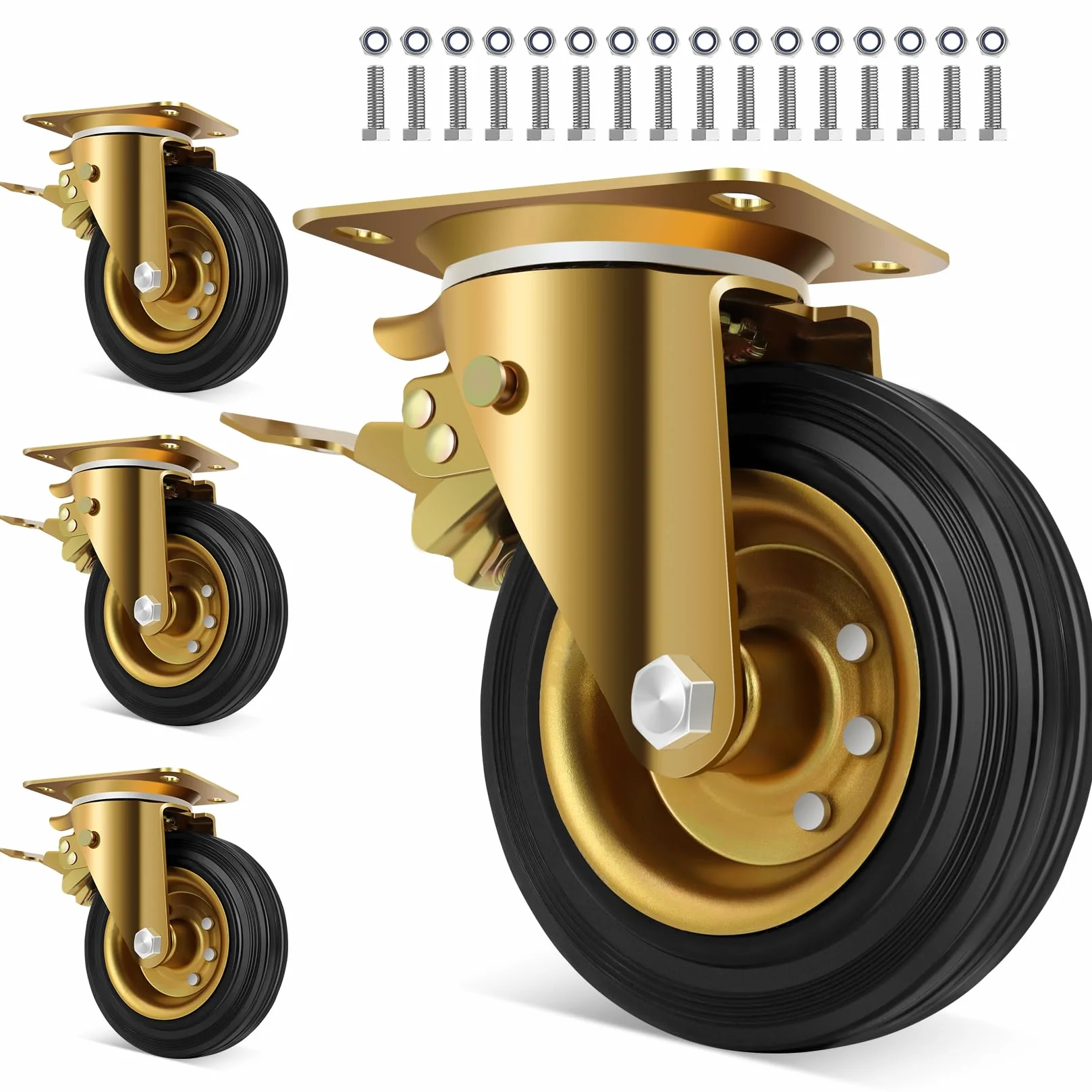 WBD Weibida Schwerlast-Plattenrollen, 15,2 cm, 4 Stück, 1179 kg, industrielle Gummiräder für Wagen, Möbel und Werkbank, Outdoor-Rollen, Doppelverriegelung (4 Bremsen, kostenloser Schraubenschlüssel)