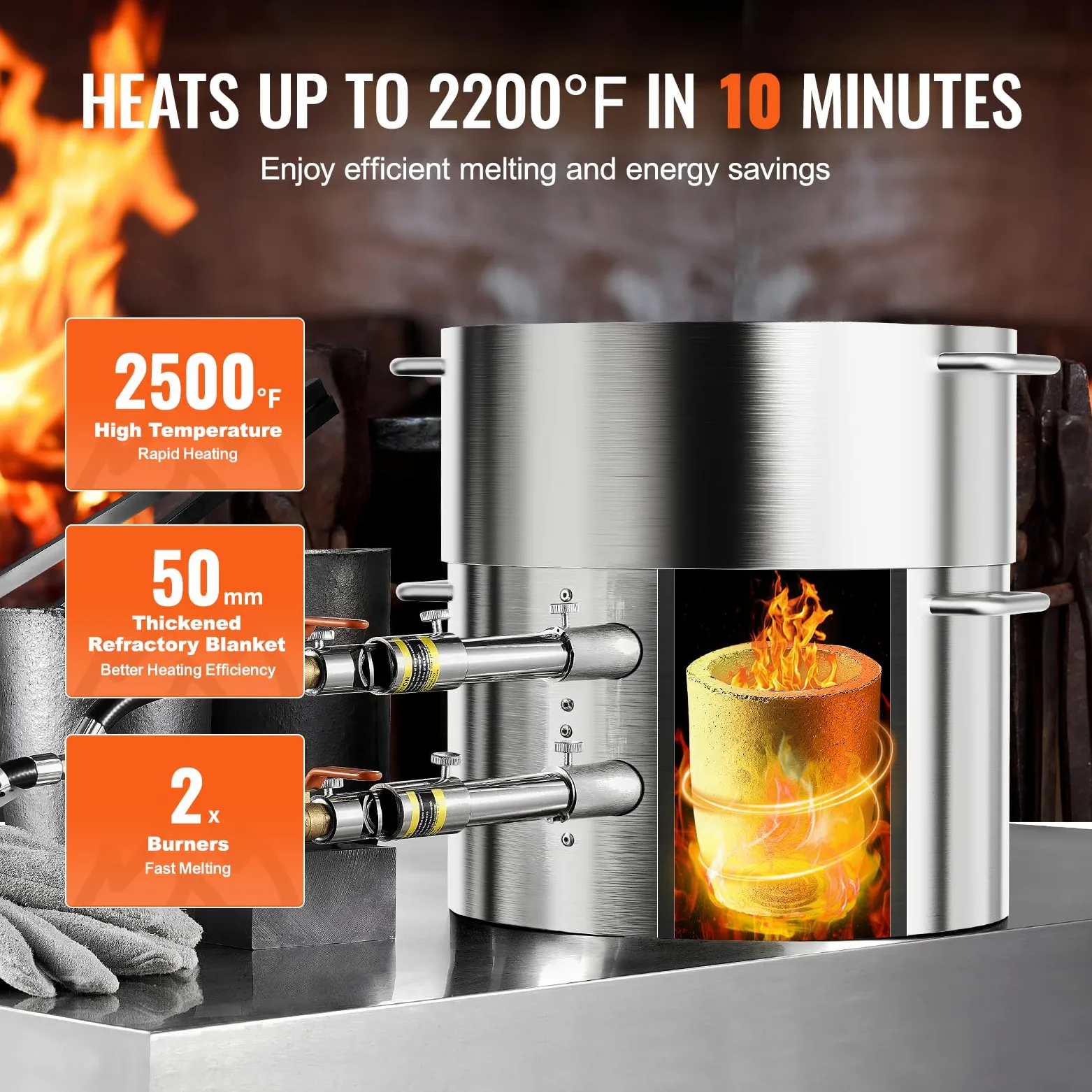 VEVOR Propan Schmelzofen Set 16 kg Gas Metall-Schmelzofen-Set, Doppelbrenner Gießerei Heimofen mit Tiegeln & Zangen, Schmelzgusswerkzeug für Gold Silber Kupfer Aluminium Metallrecycling