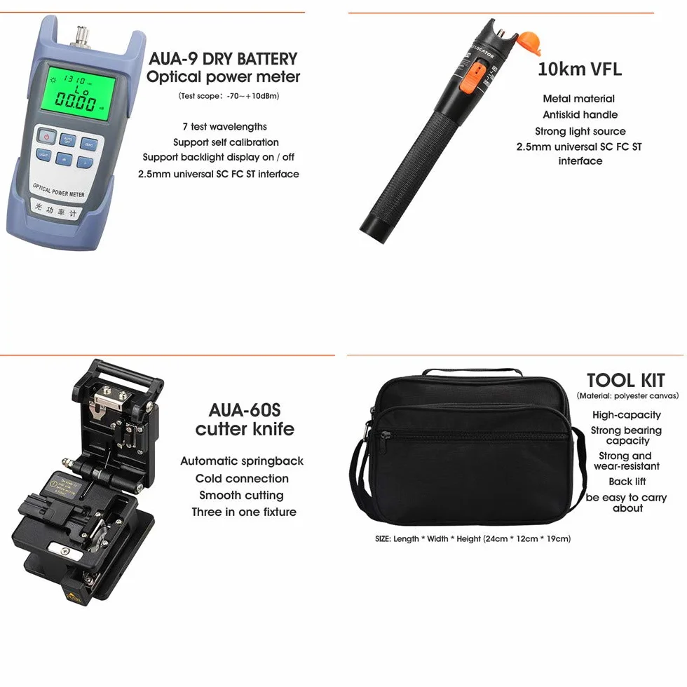 Osairous 16 Stück/Set FTTH Faser-Werkzeug mit Photometer, Glasfaser, AUA-60S, Visueller Fehlersucher 10 km