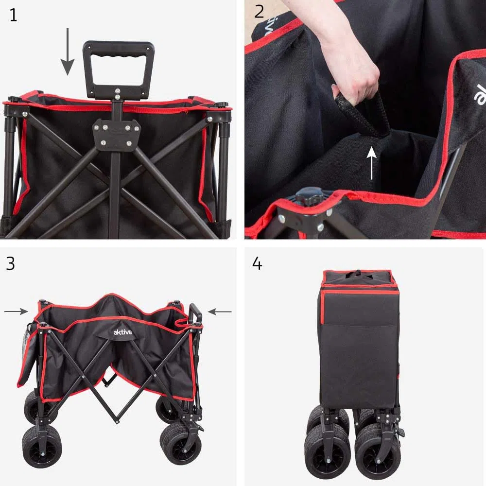 AKTIVE Strandtischwagen, Zum Transportieren von Strand-, Garten- oder Campingzubehör, Schwarz, 100 kg, Stabile 360º Schwenkräder mit Bremse, Mehrwinkelgriff, Tasche, Abdeckungen, Stuhlgestell (62373)