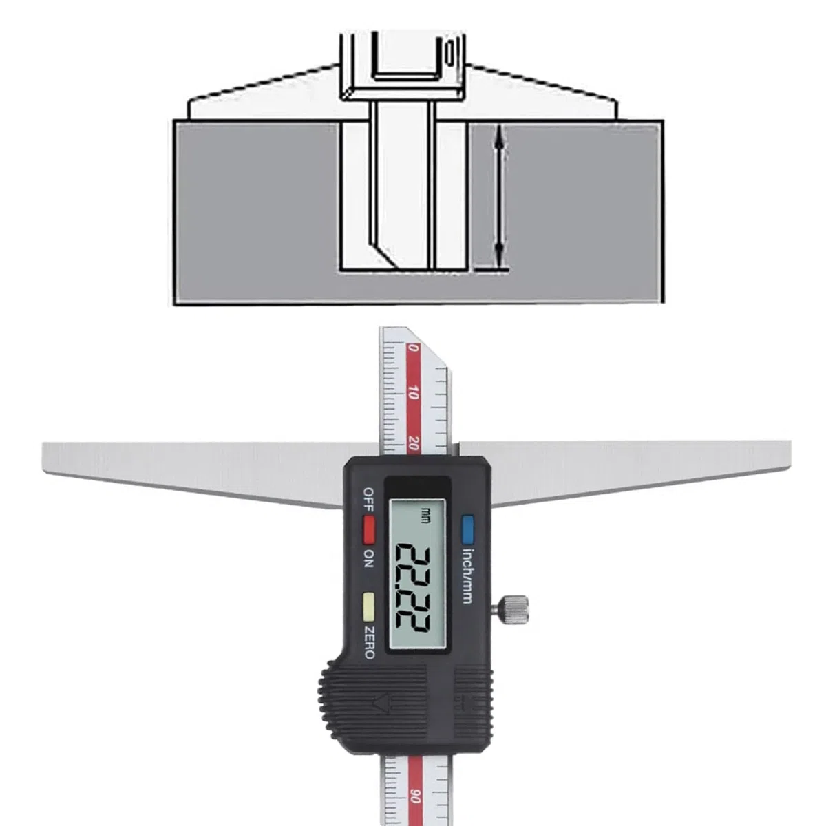 Digital Tiefen-Messschieber 300 mm, Brückenlänge 200 mm, 0,01 mm hochgenauer Edelstahl Digitaler Tiefenmessschieber mit mm/Zoll-Messsystem, Tiefenmess-Messschieber Messwerkzeug (Brückenlänge 200 mm)