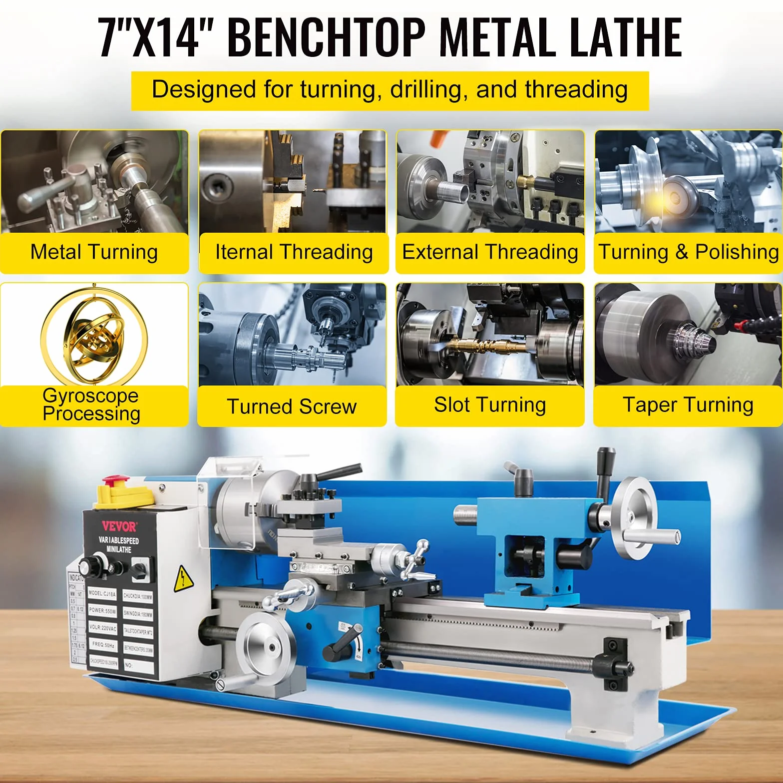 VEVOR Mini Drehmaschine 550 W, Metall Drehbank Max. 2500 U/Min, Tischdrehmaschine, Gewinde 12-52 TPI, Zubehör Inkl.