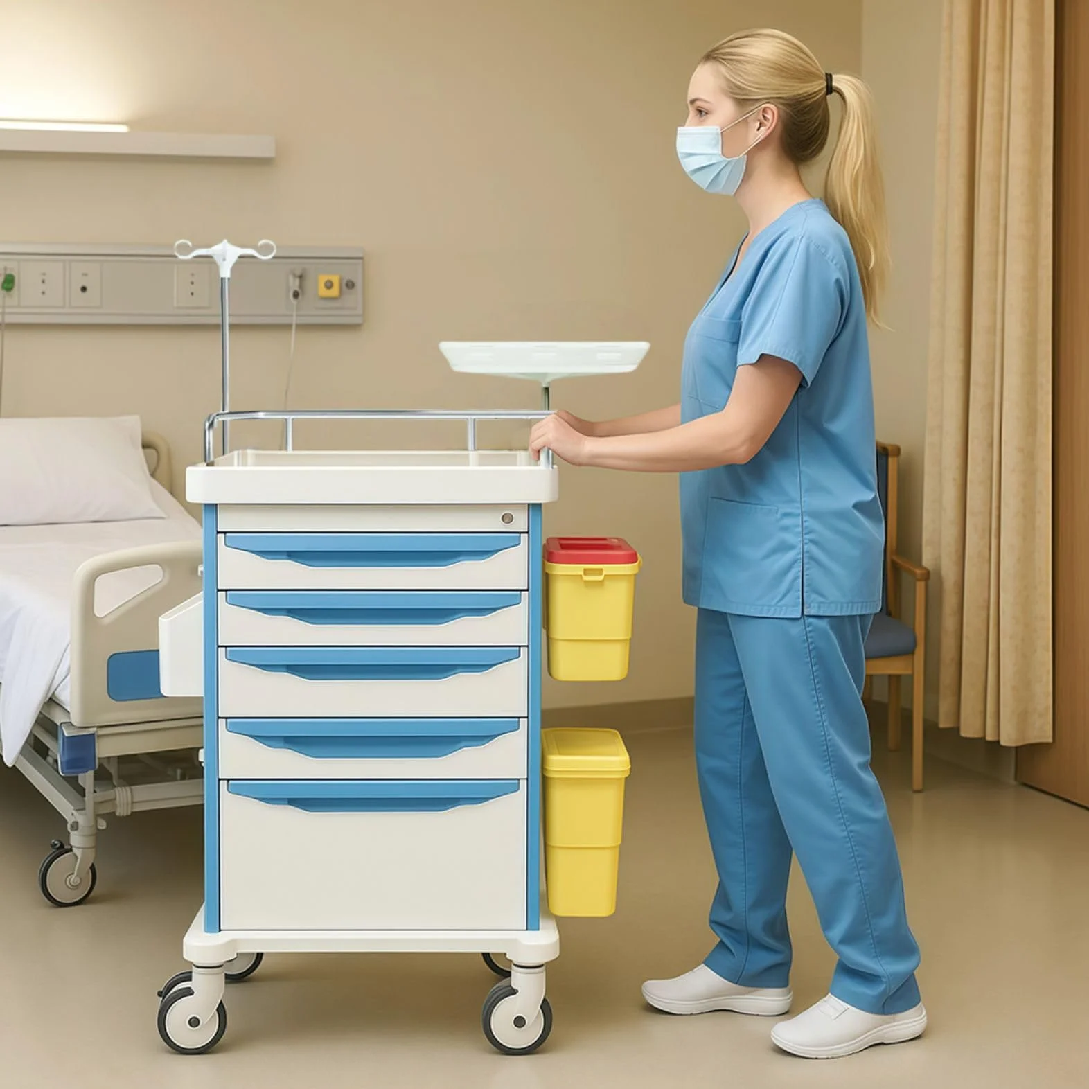 Crash Cart mit Zentralverschluss - Mobiler Notfallbehandlungswagen mit IV-Pol, Herzplatte, O ₂ Tankhalter, Mülleimer & 5 Schubladen für Kliniken Pflegezentrum (Blau)