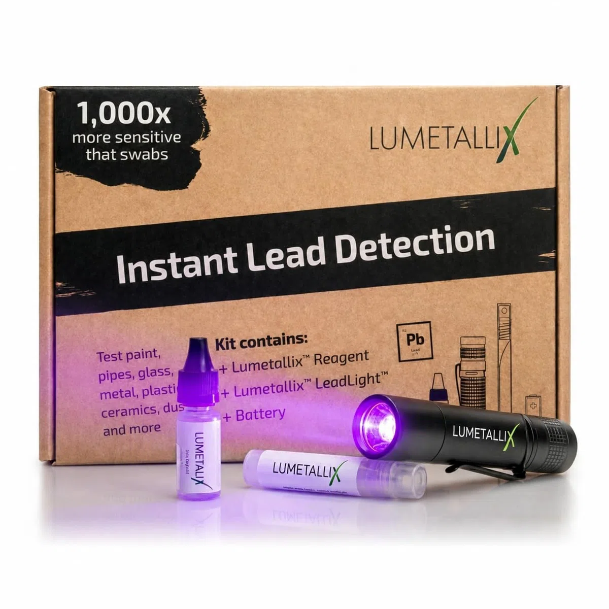 Lumetallix: Sofort leuchtendes Blei-Testset für Malen, Farbe, Keramik, Glas– schnell, einfach und sicher zu verwenden, UV-sichtbarer Sprühtest, zuverlässige Bleierkennungsergebnisse in Sekunden