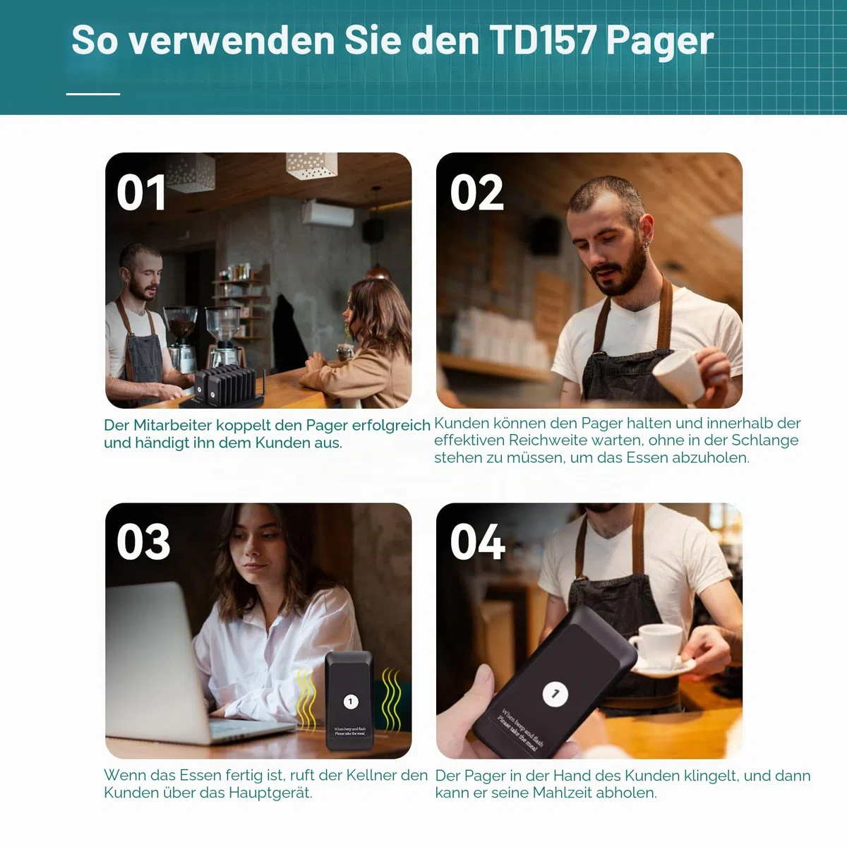 Retekess TD157 Pager System, 16 Pagers, Pager Rufsystem Gastro, Draußen 500M, 300mAh Akku, mit Vibration, 998 Kanäle, Aufrufsystem für Restaurants, Bar, Imbisswagen