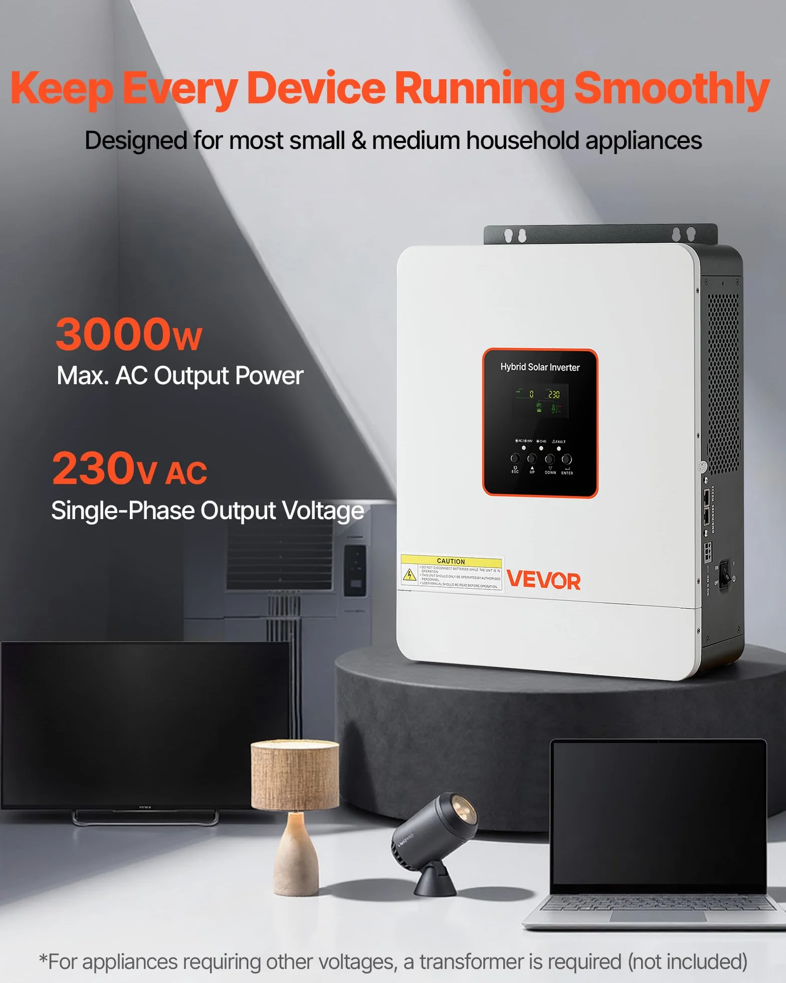 VEVOR 3000W Hybrid-Wechselrichter, 24V DC auf 230V AC, mit integriertem 80A MPPT-Solarladeregler, kompatibel mit Blei-Säure-& Lithiumbatterien, für Zuhause, RV & netzunabhängige Systeme