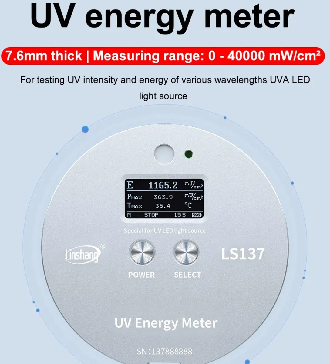 LS137 UVA-LED-Energiemessgerät UV-Strahlenmessgerät für 365nm 385nm 395nm 405nm UV-Tinten-Klebstoff-Beschichtungshärtung Belichtung Druck