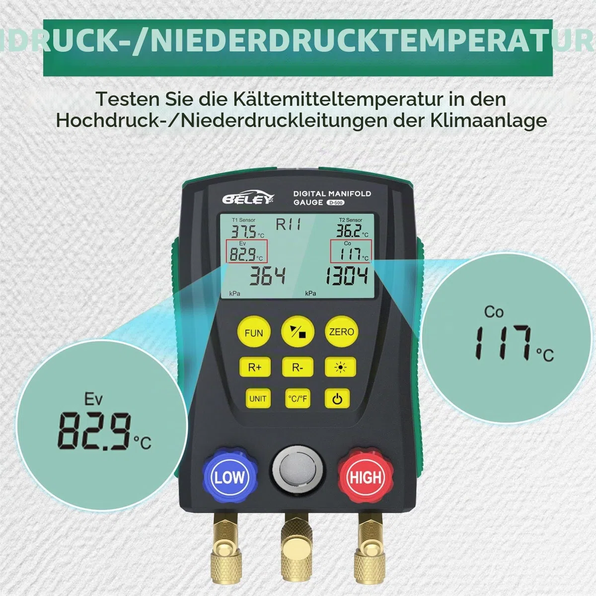 Digitales Monteurhilfe Manometer-Set für HVAC - Kompatibel mit R410a, R32, R22 Kältemittel, mit Temperaturklemmen und Kältemittelschläuchen, für Prüfung & Wartung von Klimaanlagen und Kühlschränken