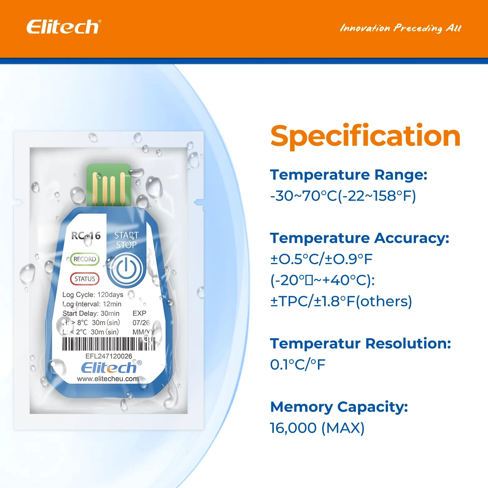 Elitech 10 Pack EU-RC-16 Einweg-Temperaturlogger USB 120 Tage Daueraufzeichnung für Lebensmittel Medikamente & Impfstoff-Kühlketten Alarmfunktion,IP67 Wasserschutz