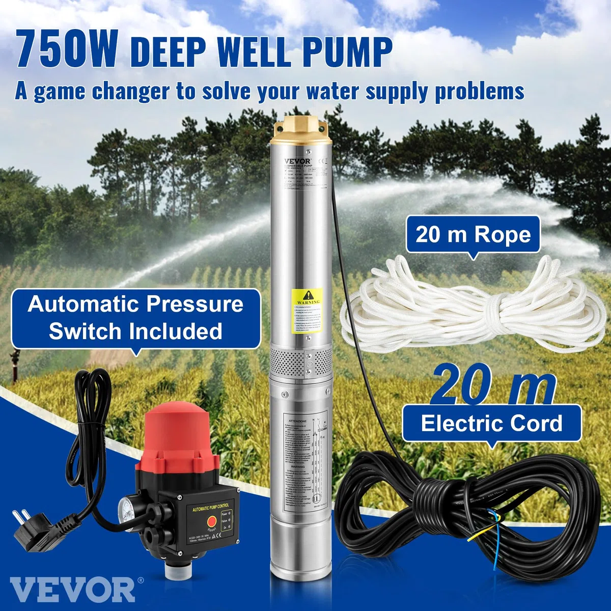 VEVOR 3, 5" Tiefbrunnenpumpe 750W Brunnenpumpe 105L/min Tauchpumpe max. Förderhöhe 62m Rohrpumpe 230V 50Hz Sandpumpe IP68 Wasserpumpe 11 Laufradstufen Pumpe Ideal zur Bewässerung, Silber
