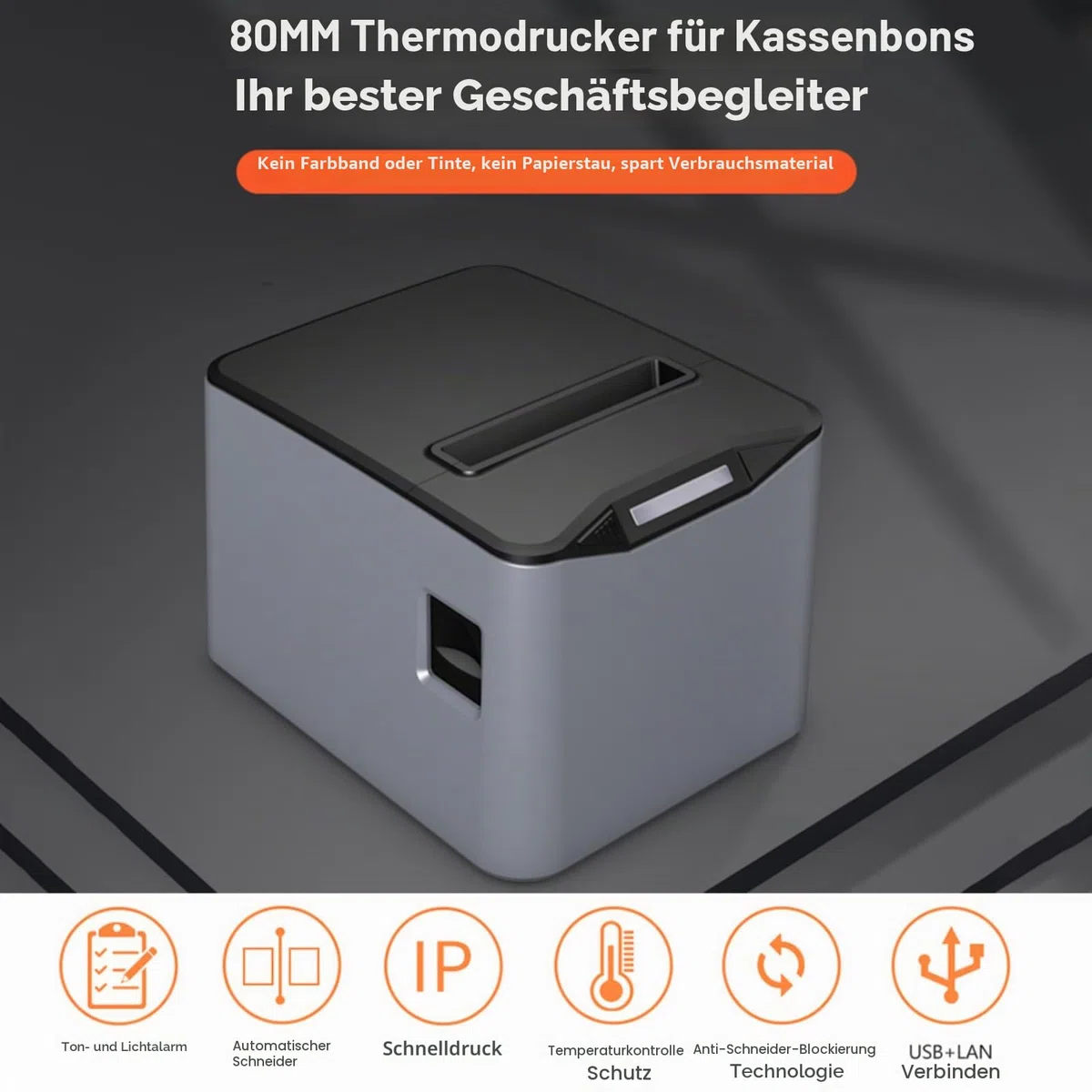 Bisofice Bondrucker 80mm, Belegdrucker Thermodrucker, USB+LAN, 220mm/s Quittungsdrucker mit ESC/POS-Befehl für Restaurants, Supermärkte, Handel