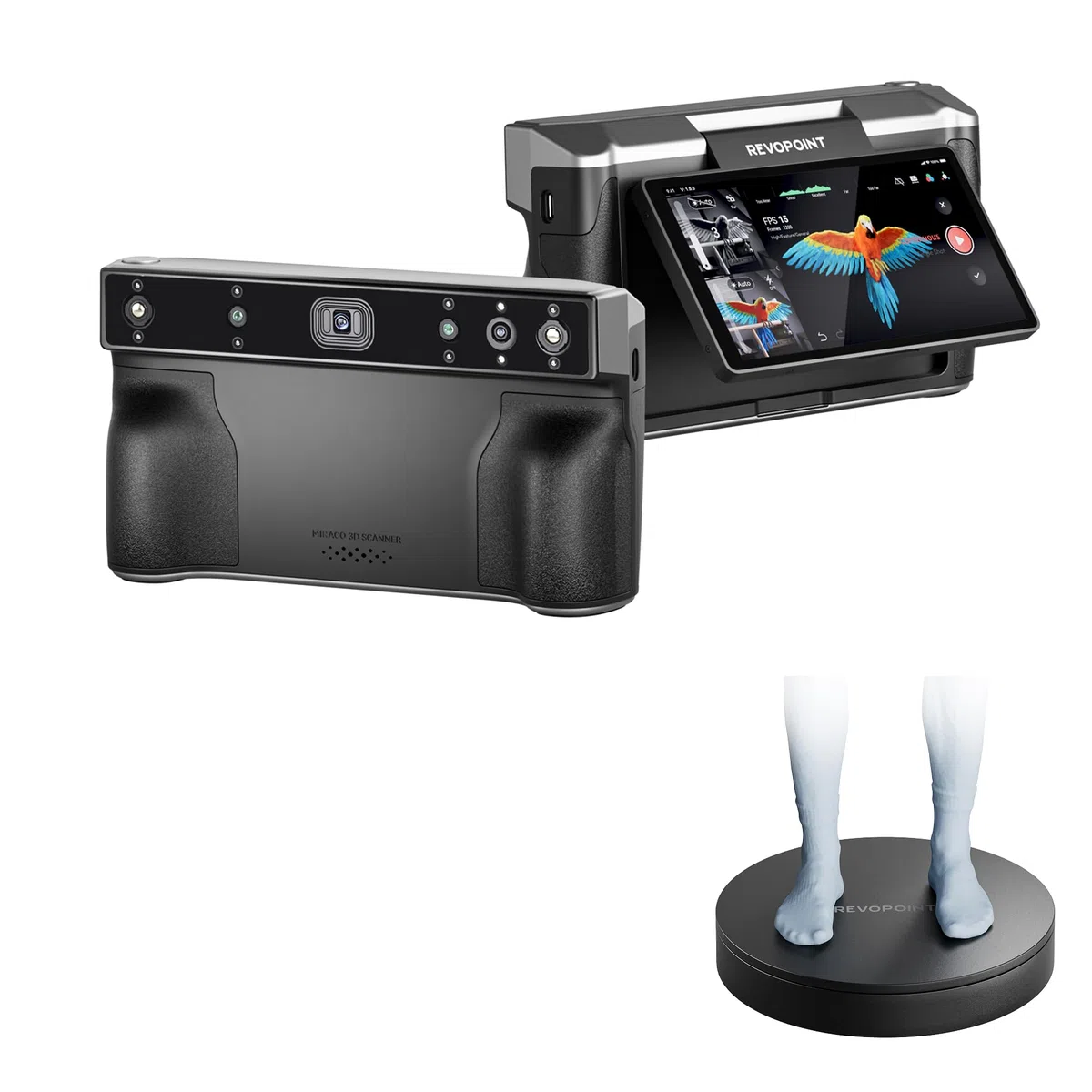 Revopoint MIRACO PRO 3D-Scanner für 3D-Drucker & Elektrische Drehscheibe, Handheld 3D Scanner WiFi mit 180°Flip Screen, 5000mAh Schnelllade-Akku, Vollfarb-RGB-Kamera für Kleine bis Große Objekte, 32GB