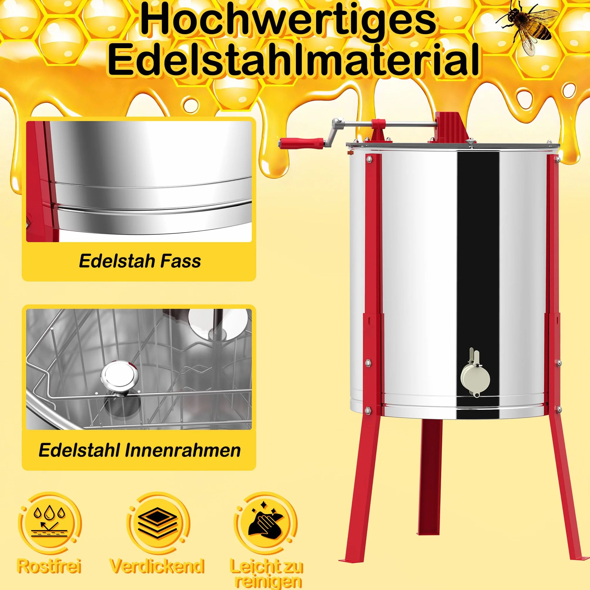 UISEBRT Manuelle Honigschleuder aus Edelstahl 3 Waben | Honigextraktor Tangentialschleuder mit Deckel und Verstellbarem Ständer 101-111cm | Handbetriebene Honigpresse für Imker | Ø 38cm