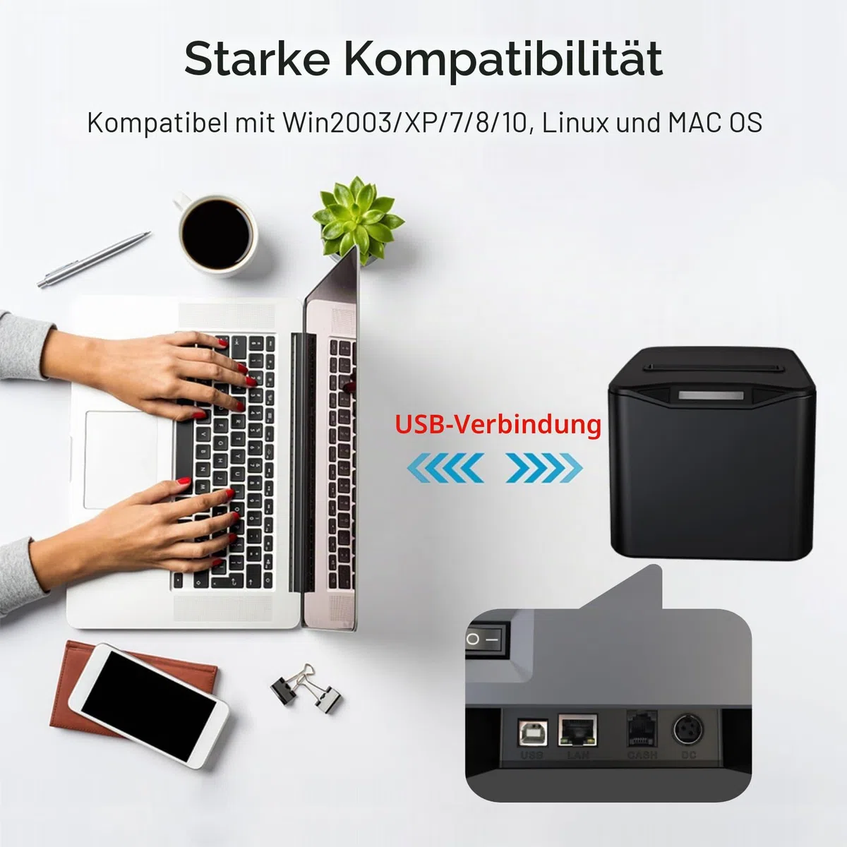 Bisofice Thermodrucker Bondrucker 80mm, Belegdrucker mit ESC/POS, Quittungsdrucker unterstützt Automatisches Schneiden (220 mm/s, USB + Ethernet-Anschluss)