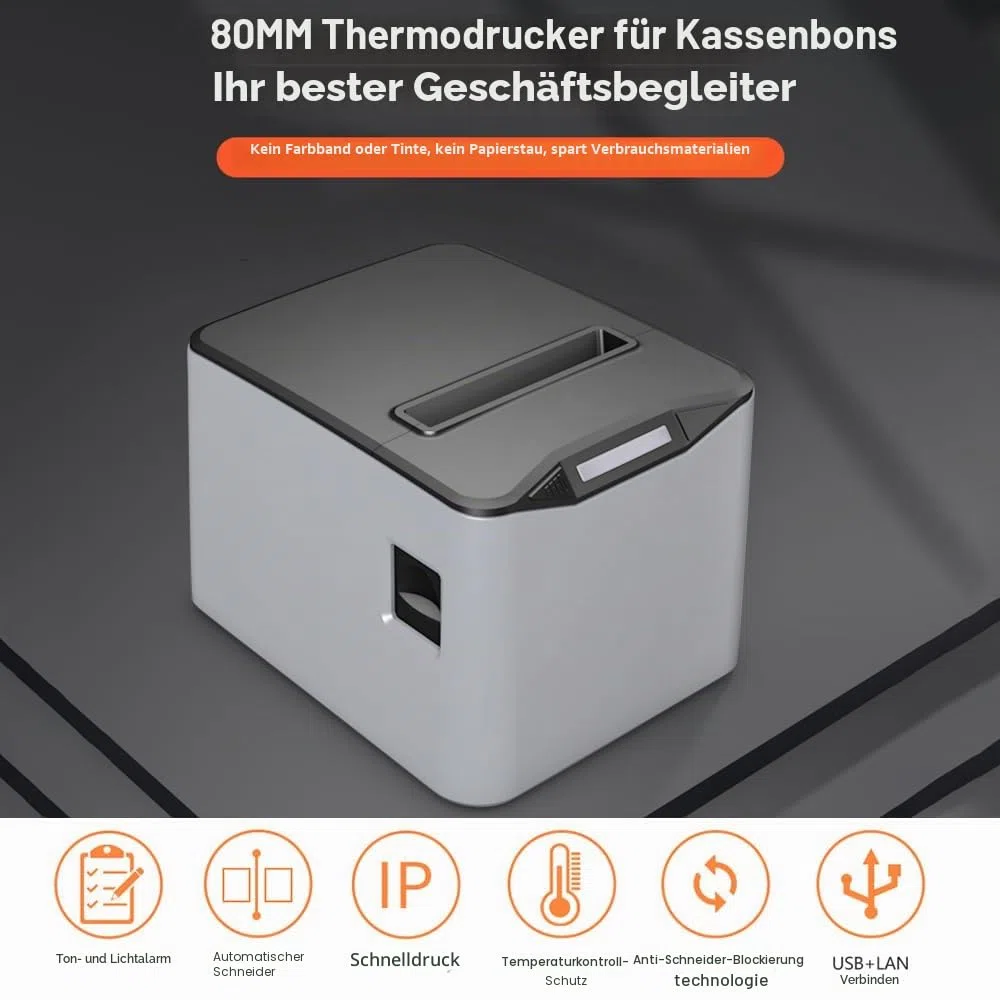 Bisofice Thermodrucker Bondrucker 80mm, Belegdrucker mit ESC/POS, Quittungsdrucker unterstützt Automatisches Schneiden (220 mm/s, USB + Ethernet-Anschluss)
