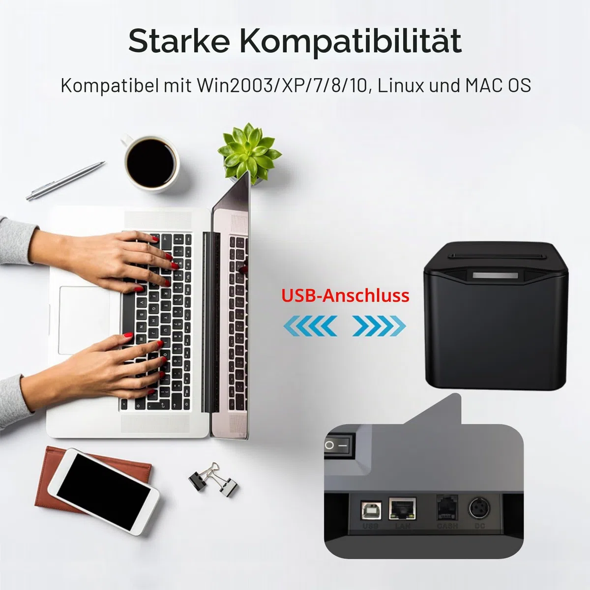 Bisofice Bondrucker 80mm, Belegdrucker Thermodrucker, USB+LAN, 220mm/s Quittungsdrucker mit ESC/POS-Befehl für Restaurants, Supermärkte, Handel