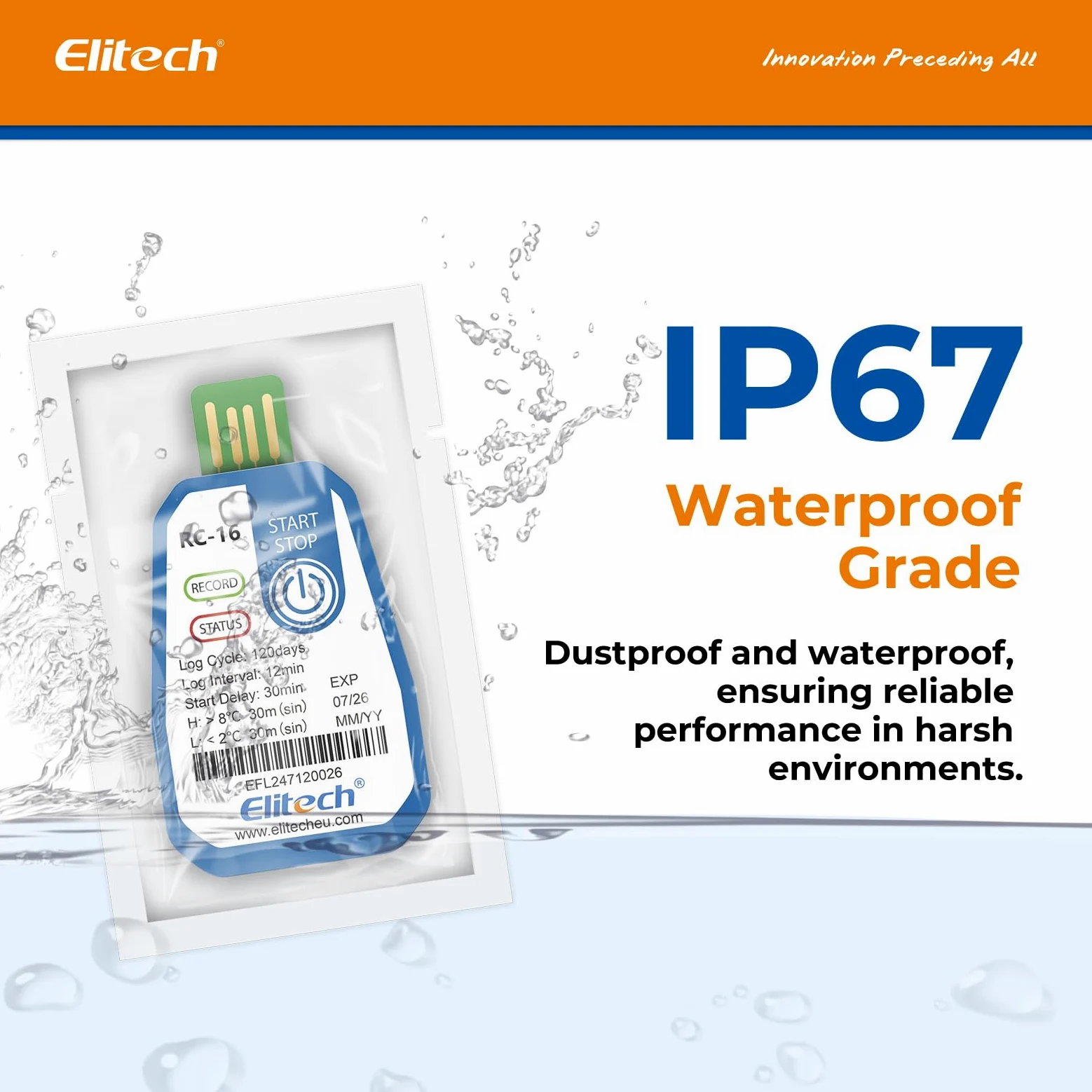 Elitech 10 Pack EU-RC-16 Einweg-Temperaturlogger USB 120 Tage Daueraufzeichnung für Lebensmittel Medikamente & Impfstoff-Kühlketten Alarmfunktion,IP67 Wasserschutz