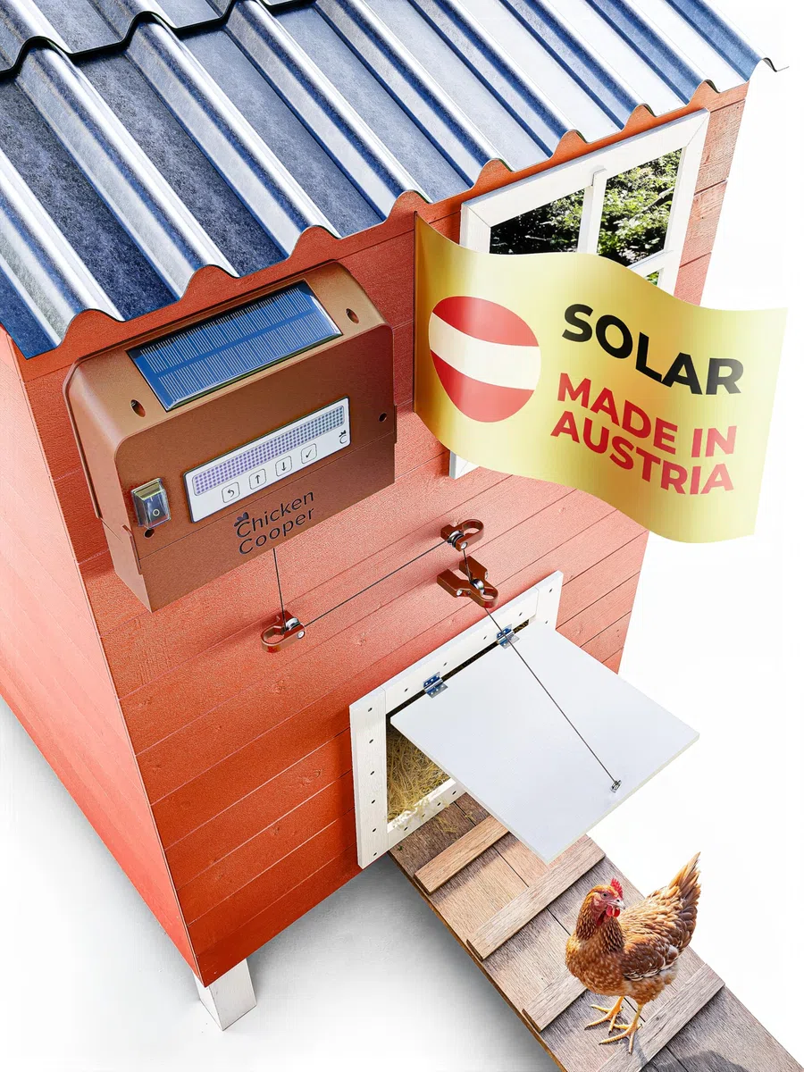Solar Türöffner 5kg für Hühner, automatische Uhrzeitermittlung und Jahreszeitanpassung, mit integriertem Speicher und Doppelrolle, für Ihre Hühnerklappe nachrüstbar (Braun, Basis Paket)
