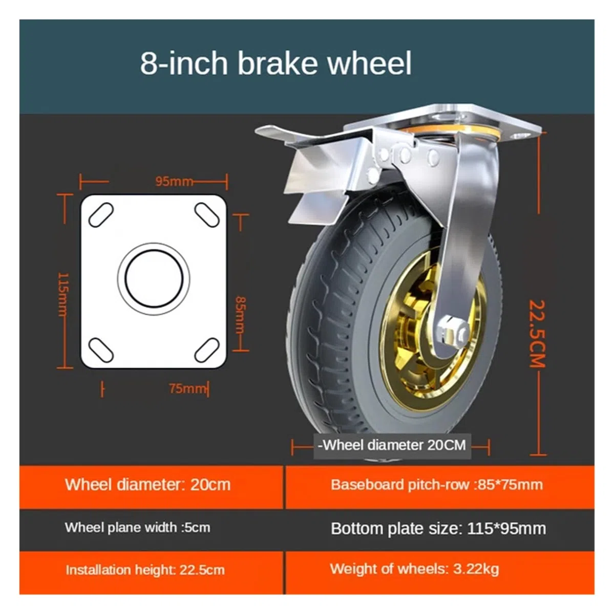 2.5 x 20.3 cm Brake Swivel Heavy Duty Rollen Silent Rubber Flat Cart