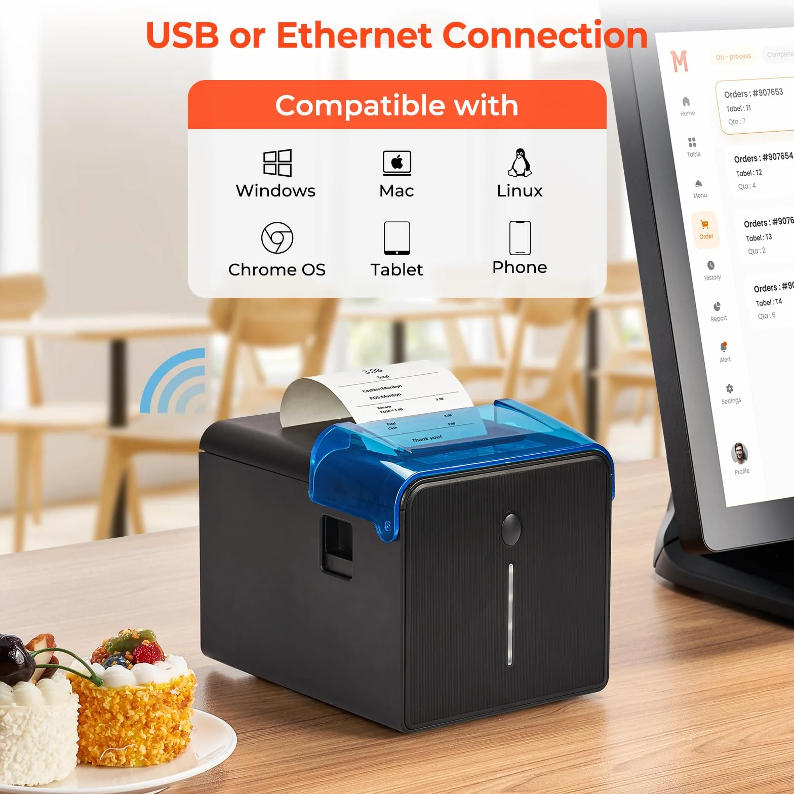 MUNBYN WLAN Belegdrucker, 80mm POS-Drucker mit USB-/LAN-/seriellen Anschlüssen, öl- und spritzwassergeschützter Abdeckung, Wandhalterung, Thermodrucker kompatibel mit Windows Mac Chromebook Linux