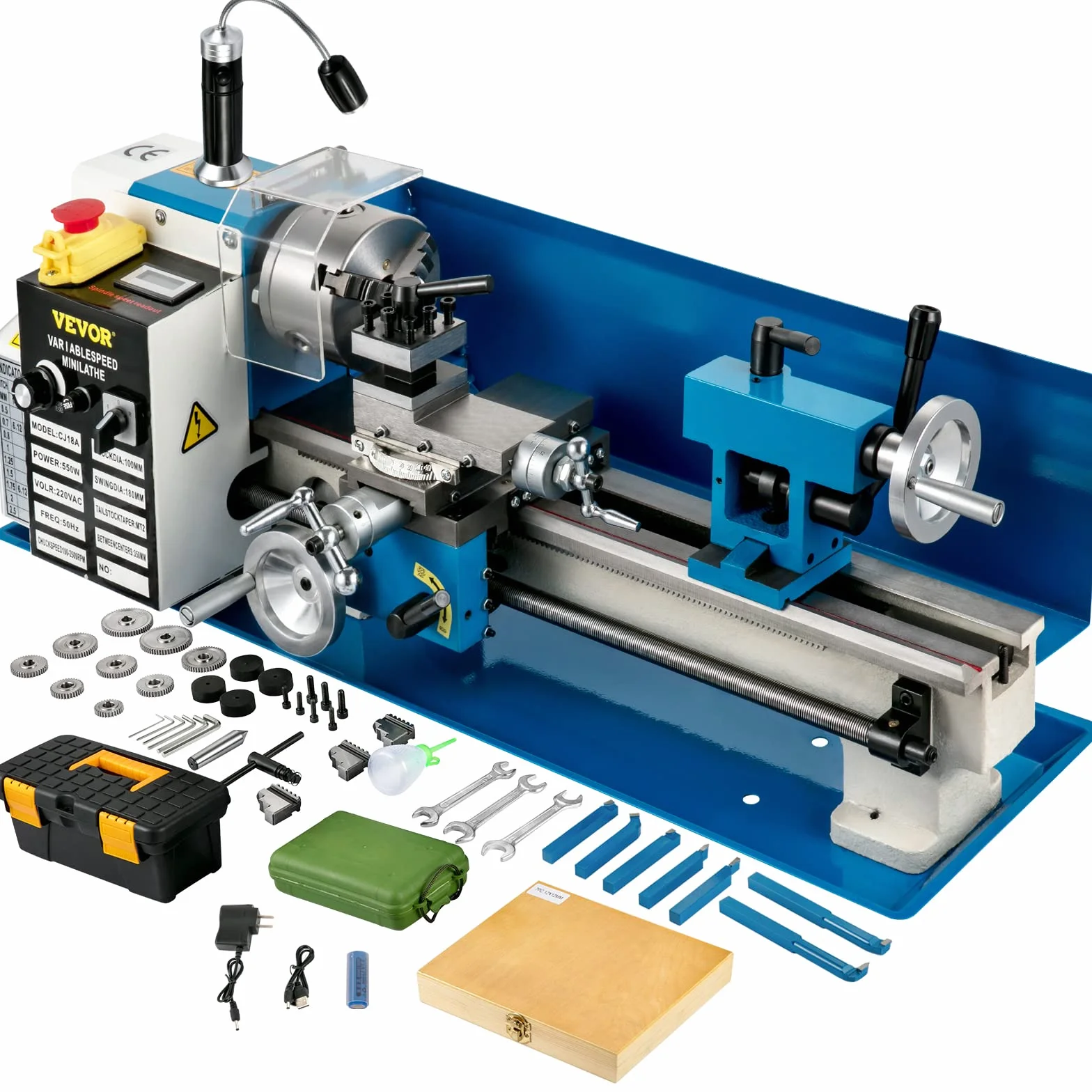 VEVOR Mini Drehmaschine 550 W, Metall Drehbank Max. 2500 U/Min, Tischdrehmaschine, Gewinde 12-52 TPI, Zubehör Inkl.