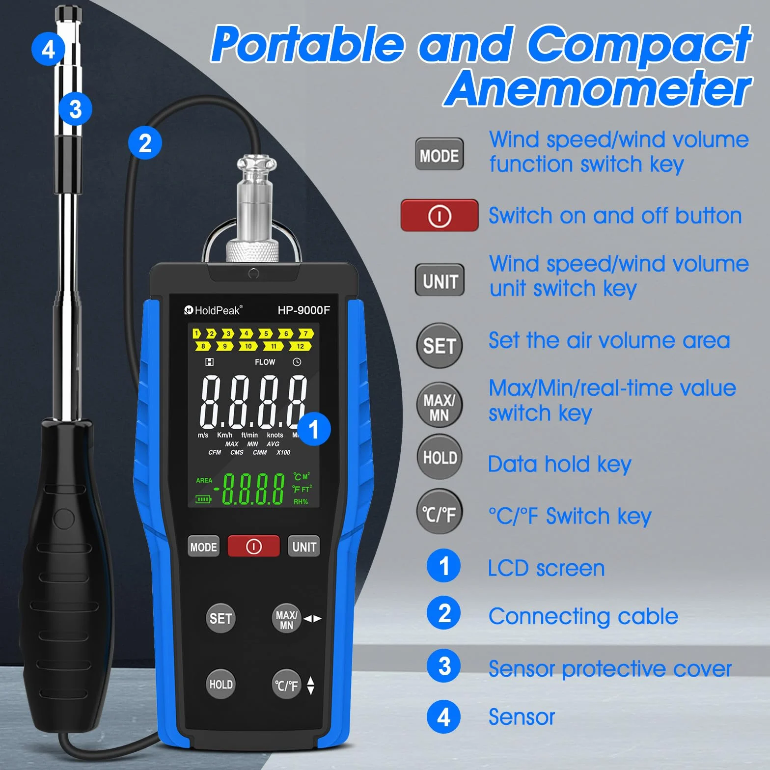 HOLDPEAK Digitales Anemometer mit einziehbarem Hotline-Sensor, Windgeschwindigkeitsmesser für Messung von Luftströmungsgeschwindigkeit und Temperatur, automatische Abschaltung, für Segeln, HLK