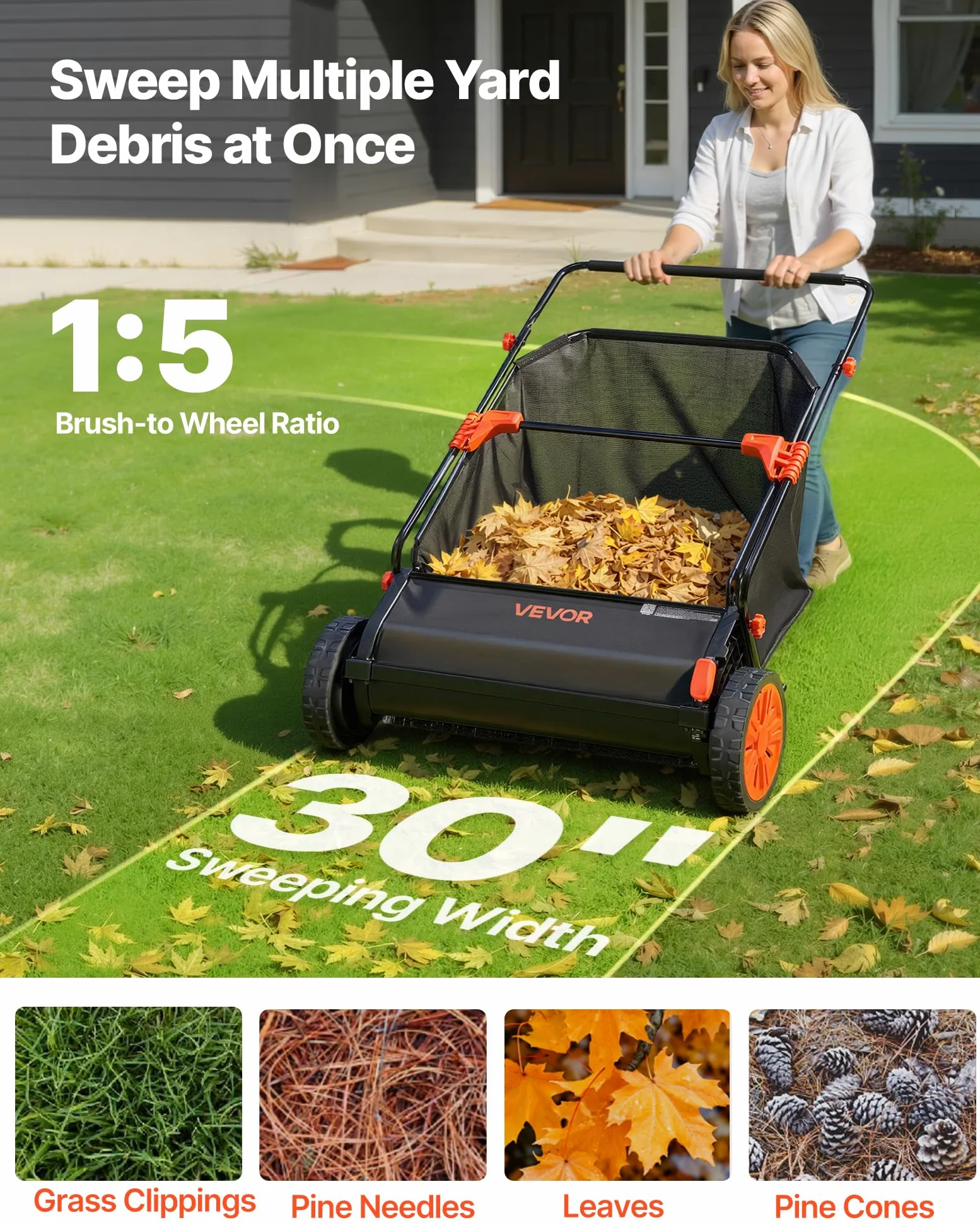VEVOR Rasenkehrmaschine 76 cm Kehrbreite, Kehrmaschine mit 340 L Fangkorb & Verstellbarer Bürstenhöhe, Laubsammler, Laubkehrmaschine, Laubkehrer mit Gummirädern für Laub- & Grasentfernung