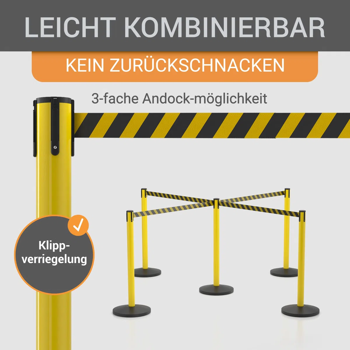 Absperrpfosten Set - 4-teilig - 100 cm hoch, 3 m Gurtlänge, Metallgelb mit ausziehbarem Gurtband schwarz/gelb - Absperrsystem für Personenführung