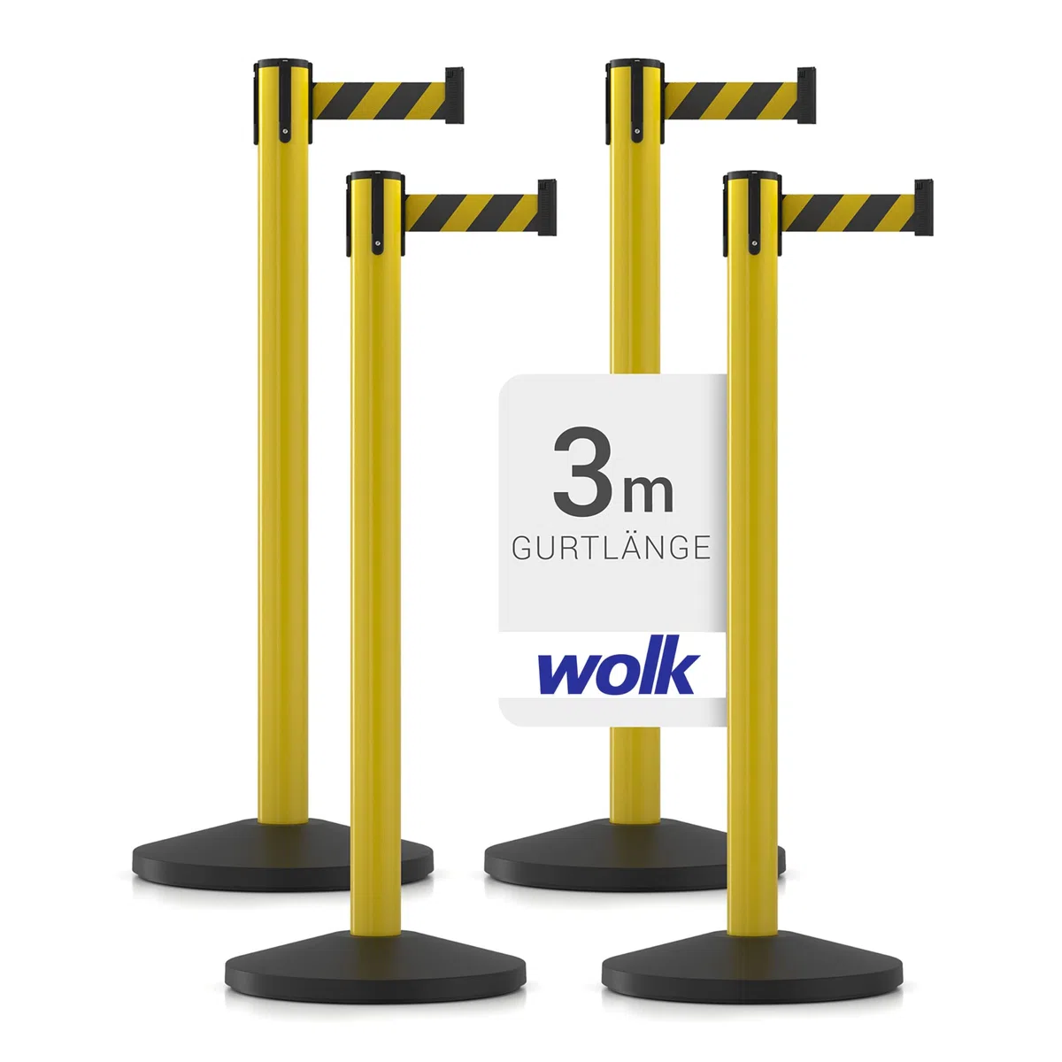 Absperrpfosten Set - 4-teilig - 100 cm hoch, 3 m Gurtlänge, Metallgelb mit ausziehbarem Gurtband schwarz/gelb - Absperrsystem für Personenführung