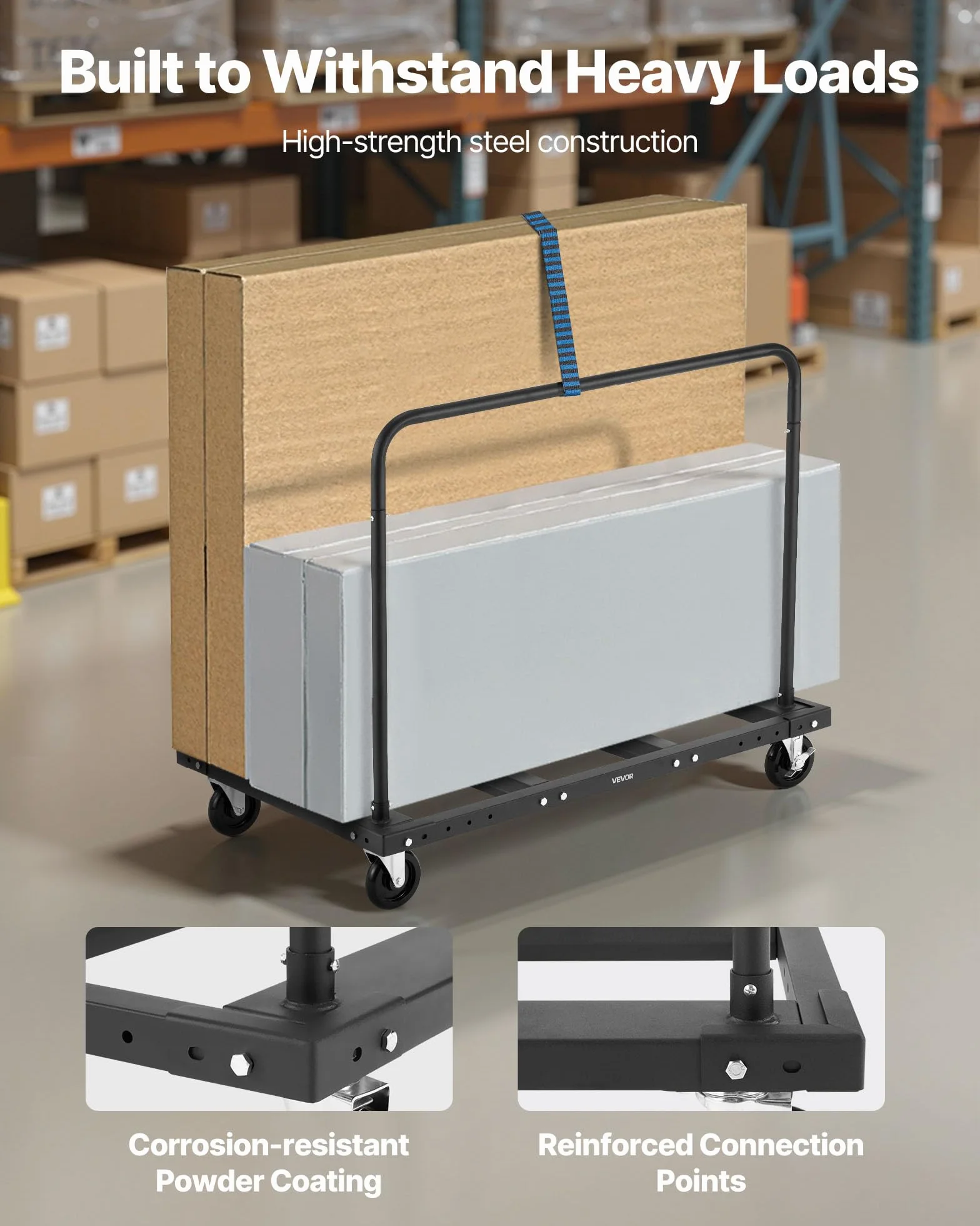 VEVOR Plattenwagen, 816 kg, Transportwagen mit 12,5 mm Lenkrollen, Plattenroller, Rohrbügelwagen mit Zurrgurt & 2 seitlichen Handläufen, Transporthilfe für Fabrik, Lager, Garage, Schwarz