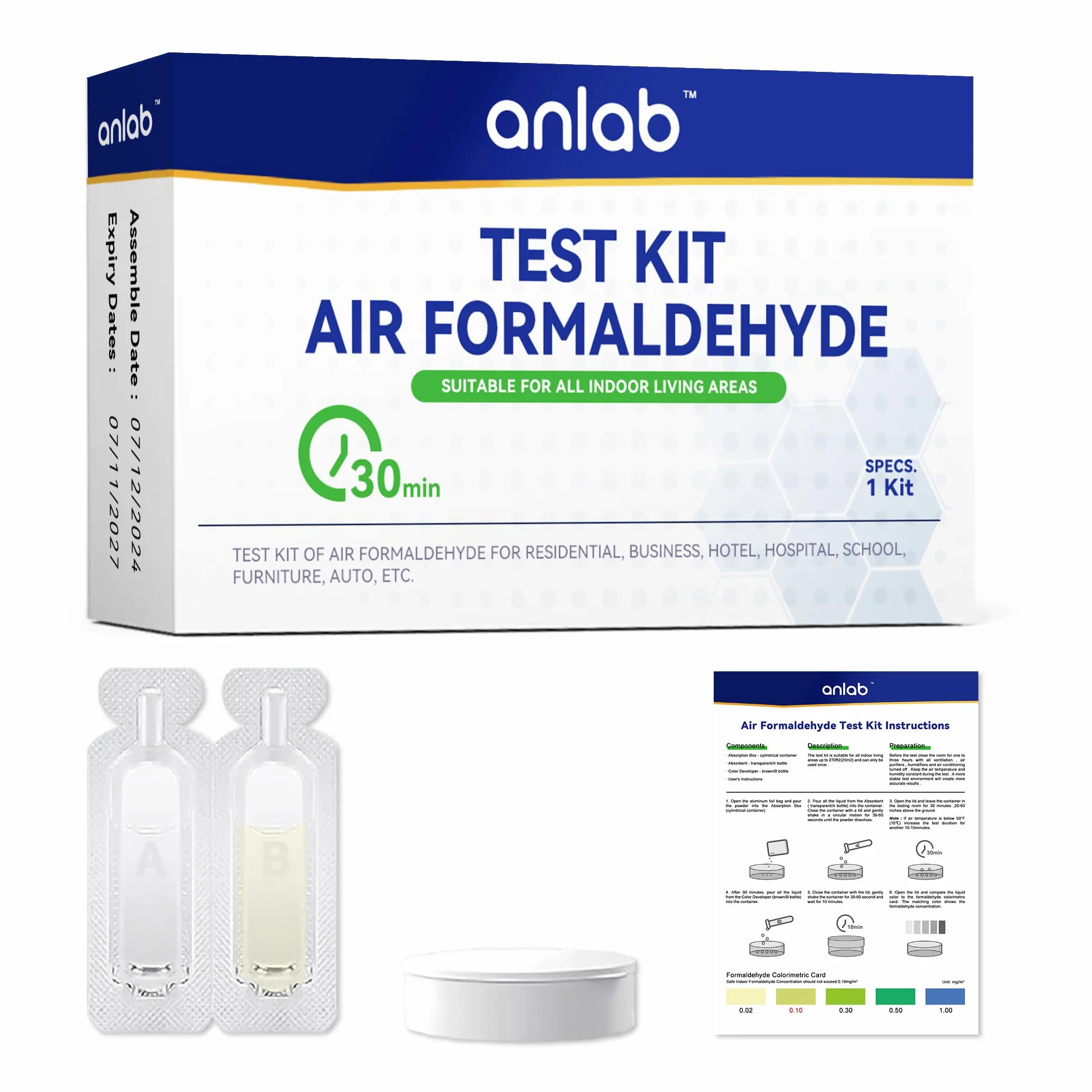 Air Formaldehyde (HCHO) DIY Test Kit - Used for Air Quality Testing, Detector Used for Home, Residential, Business, Hotel, Hospital, School, Furniture, Auto (Pack of 3)