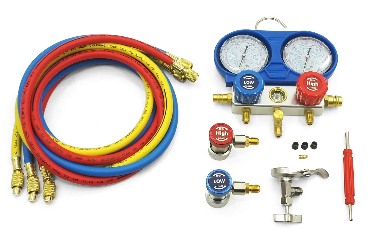 Klimaanlage Monteurhilfe Gauge Set - Kältemittel Manifold Messgerät Set - Schutzgasflasche 8L/10L Stickstoff für Klimaanlage R134A R410A R22 - Manometer 1/4 Zoll