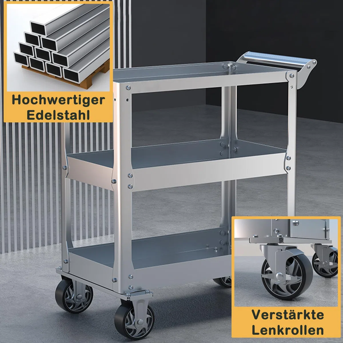 Edelstahl Rollwagen Werkstatt, 3-Etagen Rollbar Montagewagen mit 500kg Tragkraft, Multifunktionaler Materialwagen mit Rollen, Kommissionierwagen, Vielzweckwagen für Garage, Werkstatt, 78 x 46 x 92cm