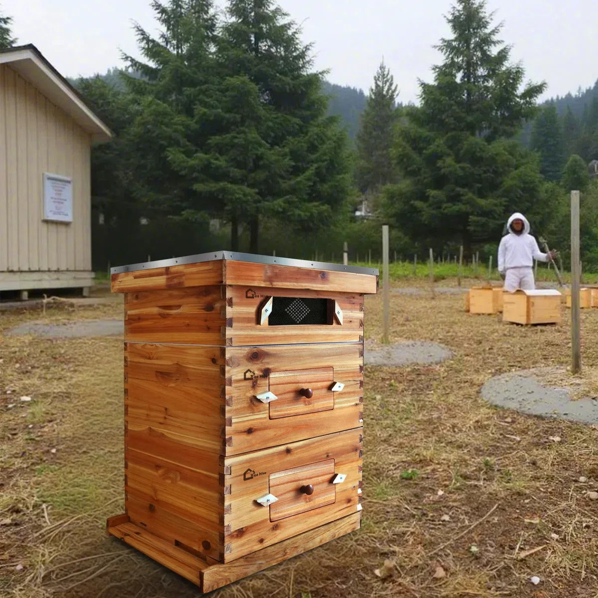 Bienenstock, Beute Für 30 Rahmen, Mit Bienenwachs Beschichtetes Tannenholz, 2 Tiefe + 1 Mittelgroßer Bienenkasten, Langstroth-Bienenstock-Set, Transparente Acrylfenster Mit Fundamenten