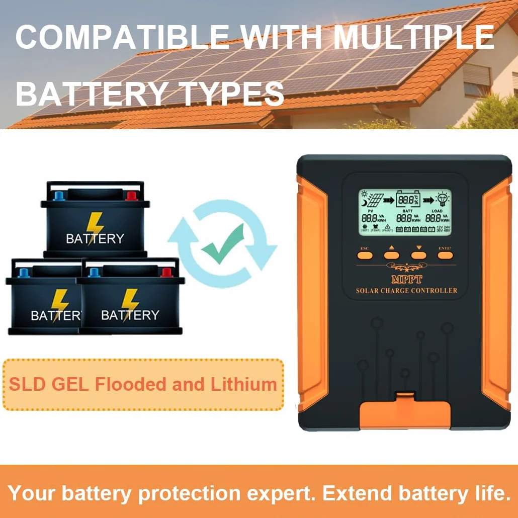 SolaMr 60A MPPT Laderegler Solar 12V 24V 36V 48V Auto, Solarregler mit LCD-Anzeige, Mppt-solarladeregler Max 180V Input für Gel Sealed Flooded und Lithium Batterie-CM-60A