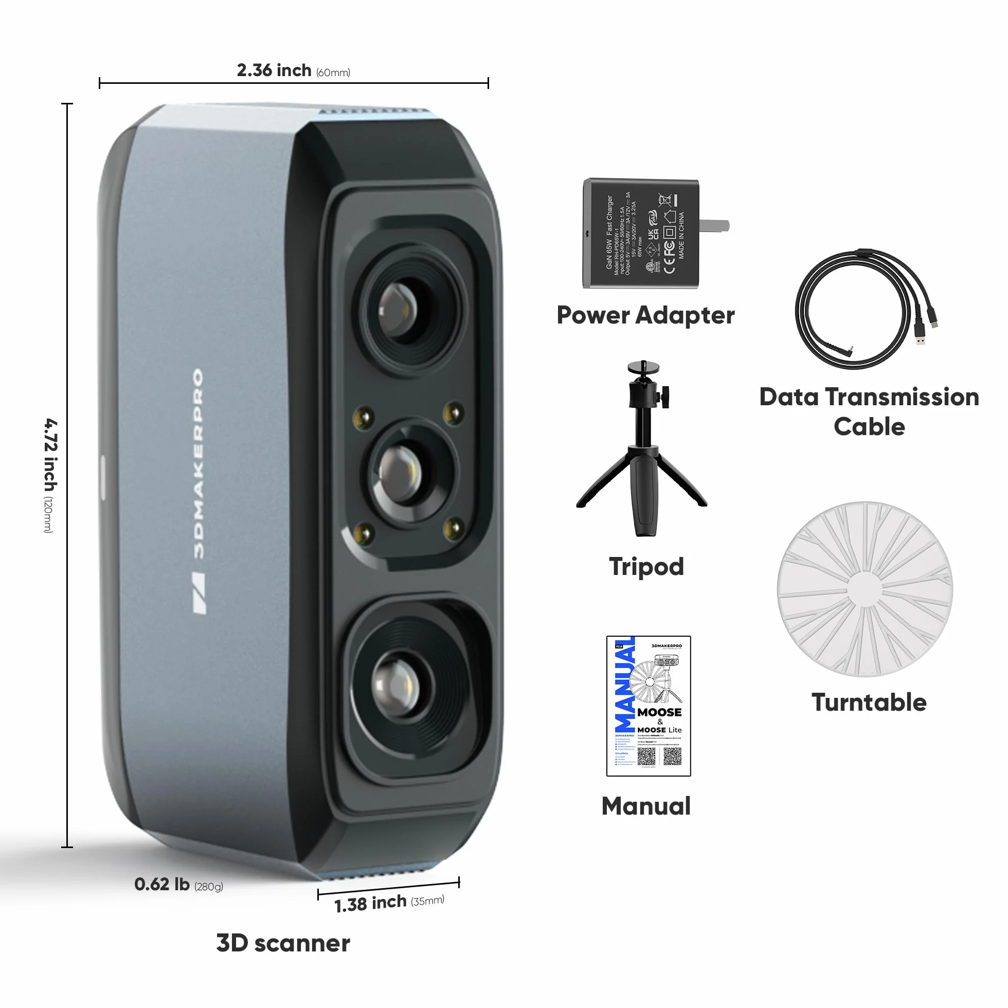 3DMakerpro 3D-Scanner Moose für 3D-Modellierung – Handscanner mit 24-Bit Farbe, 0,03 mm Präzision, Blaulicht-Technologie, AI-Tracking, Windows/macOS (Premium)