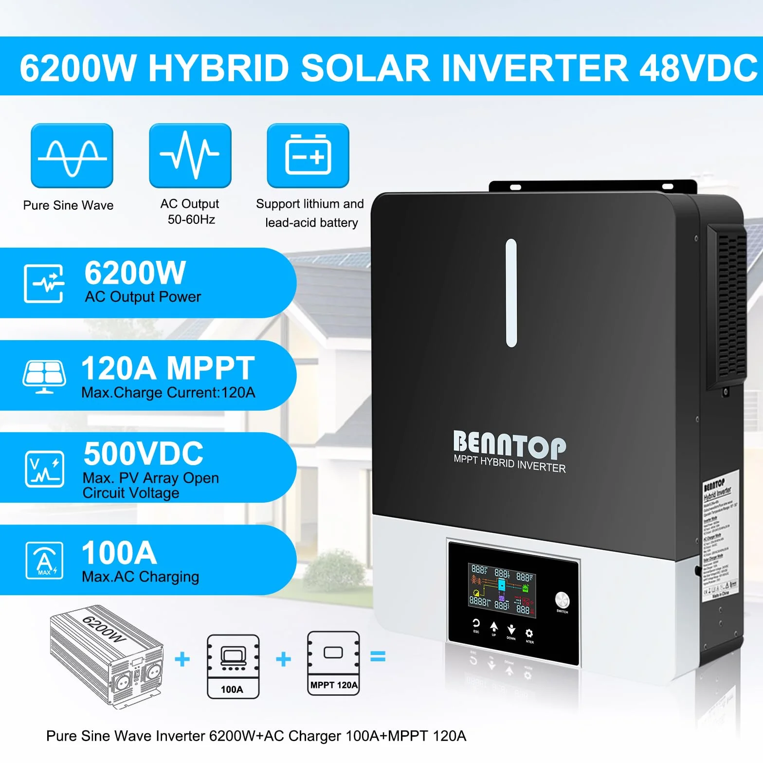 Hybrid Wechselrichter Reiner Sinus 6200W 48 V DC auf 220/230 V AC Solarwechselrichter PV Max.500V Avec Chargeur Solaire 120A MPPT für Netzunabhängige Blei-Säure-Lithium-Batterie