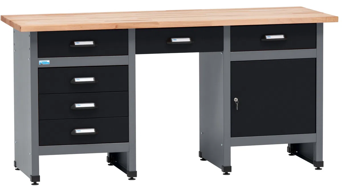 Küpper Werkbank 12579, 170 x 60 x 84 cm, 6 Schubladen, 1 Tür, 300 kg Traglast, 30 mm Massive Buchenarbeitsplatte (Schwarz)