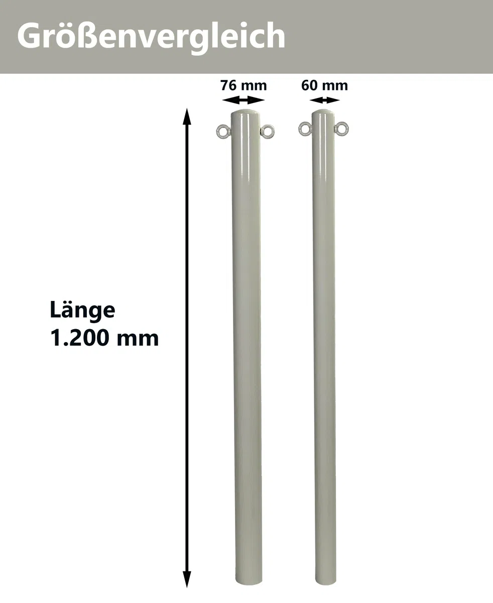 UvV SteelOn ABSPERRPFOSTEN aus Stahlrohr ø 60x2,5mm, mit 2 Ösen, lose herausnehmbar mit Bodenhülse (kein Verschlussmechanismus)