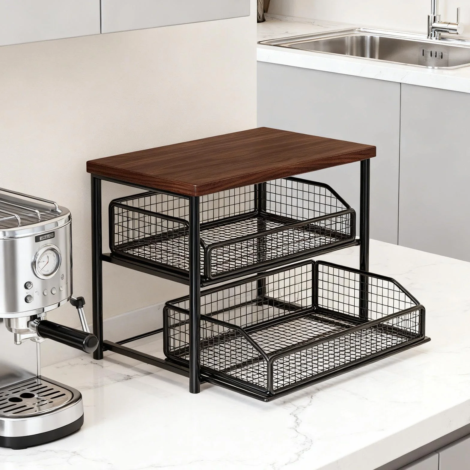 Kaffee Station Organizer Regal mit Schublade Zweistufige Ablage Aus Eisen Und Holz Ideal Zur Aufbewahrung von Tassen Und Zutaten für Küche Kaffeebar V, Schwarz