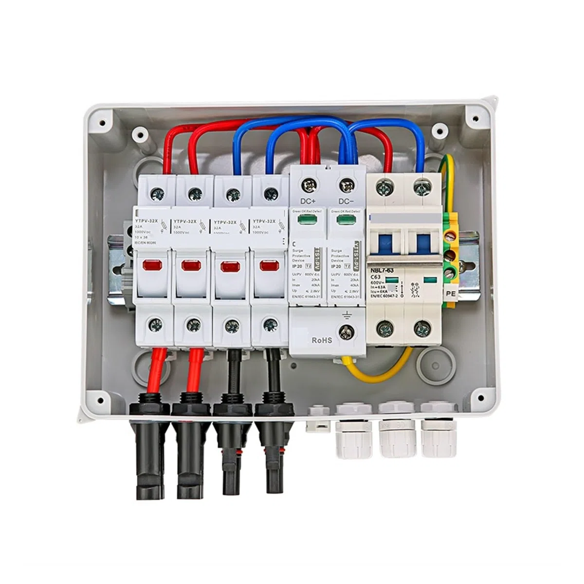 Solarumrichter-Box Solar Photovoltaik PV Combiner Box mit Schutz 2 Eingang 1 Ausgang DC 600 V Sicherung MCB SPD Box IP65