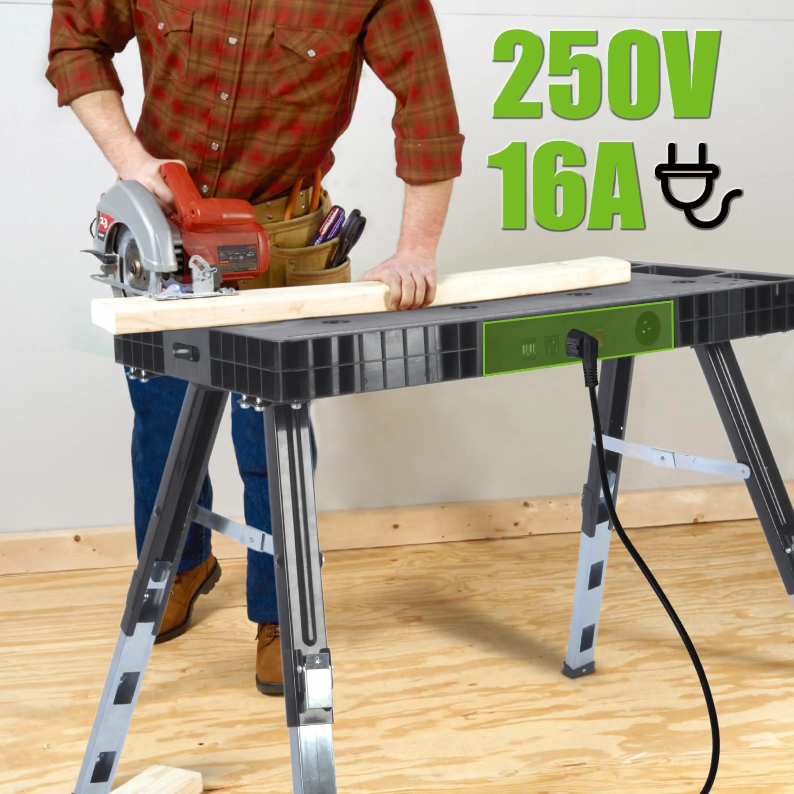 GARDTECH Klappwerkbank 5-in-1, werkbank klappbar & höhenverstellbar, als Werkbank und Arbeitstisch, 150 kg Tragkraft, große Arbeitsfläche mit Winkelangaben, EU-Steckdose, für Werkstatt, Garage & DIY