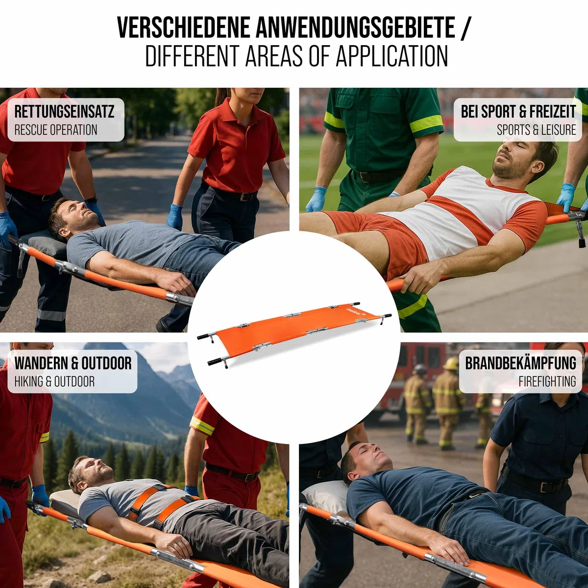 Pulox KTG-200 Notfalltrage 3-fach klappbar für Patiententransport | Professionelle Erste-Hilfe-Trage für Rettungseinsätze, platzsparend faltbar und schnell einsatzbereit