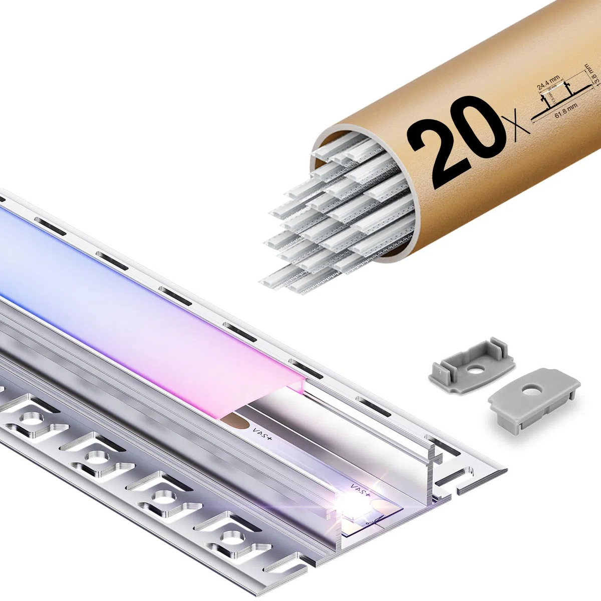 20 x LED Fliesenprofil 2 m, Lichtdiffusor‑Schiene für LED-Streifen bis 20 mm, LED Aluminiumprofil Trockenbauprofil Abdeckung & Endkappen Für lineare Beleuchtung in Zuhause, Geschäften