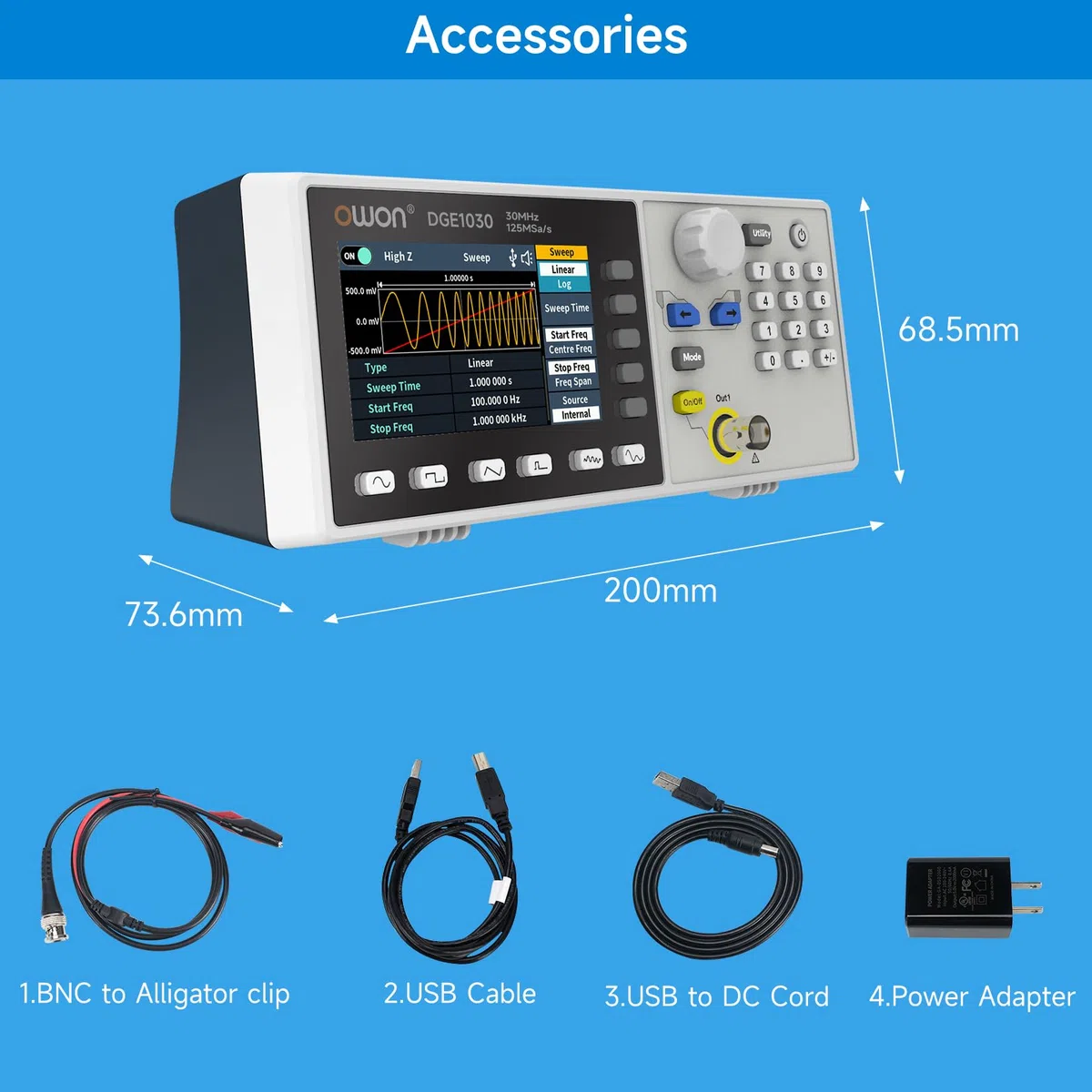 OWON Signalgenerator, Funktionsgenerator DGE1030, einkanaliger Ausgang, 30 MHz Frequenzausgang, 125 MSa/s Abtastrate, 14 Bits vertikale Auflösung
