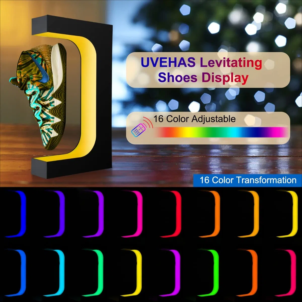 Schwebende Schuh Display Stand, Schwimmende Sneaker Stand mit Fernbedienung 16 Farben LED-Licht rotierende magnetische Levitation Schuhregal für Home Decor Store Werbung Ausstellung Schuhe Sammler