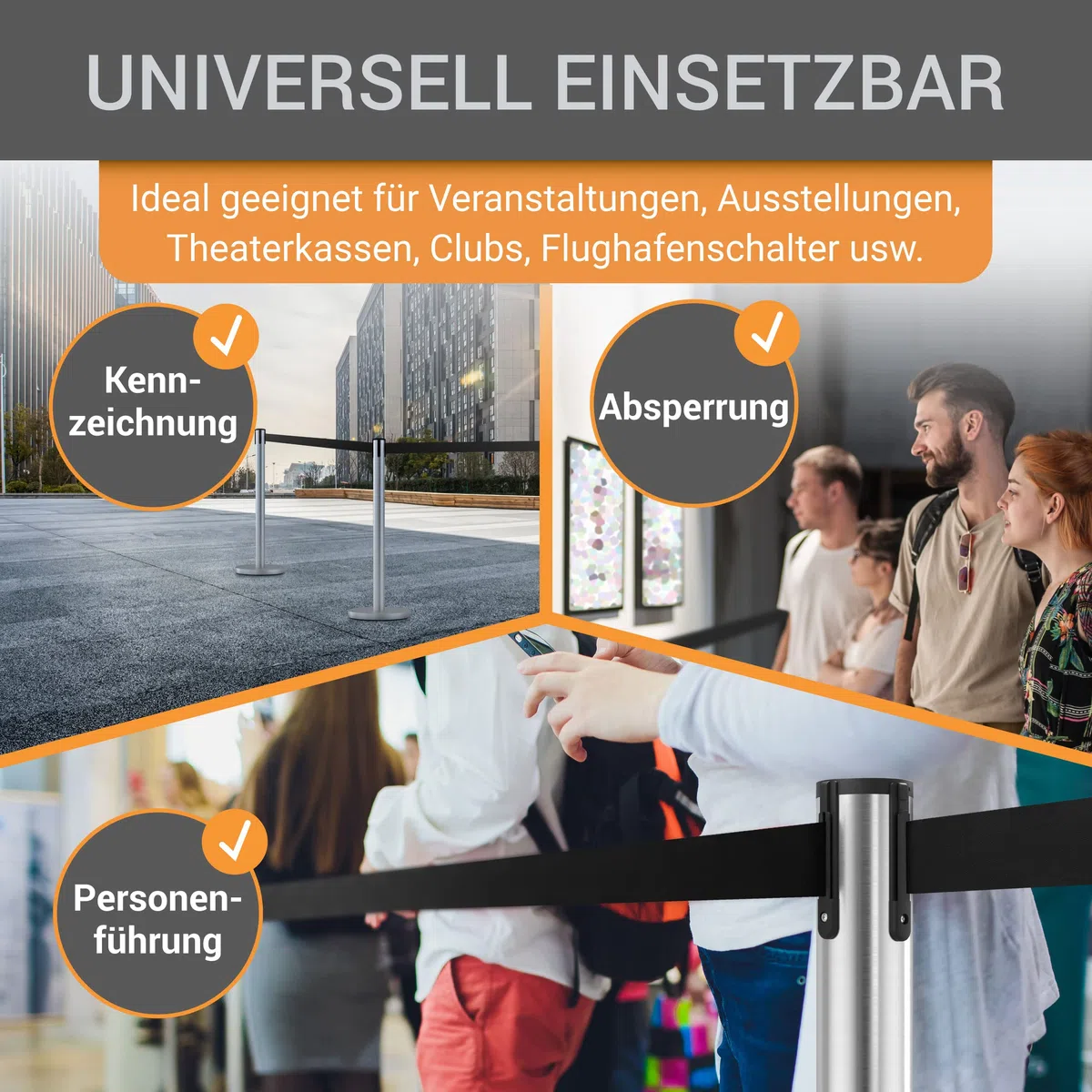 Gurtpfosten Edelstahl gebürstet - 4er Set - Pfostenhöhe: 98,0 cm, Gurtlänge: 3,0 m, Gurtbandbreite: 4,8 cm - Gurtfarbe: schwarz