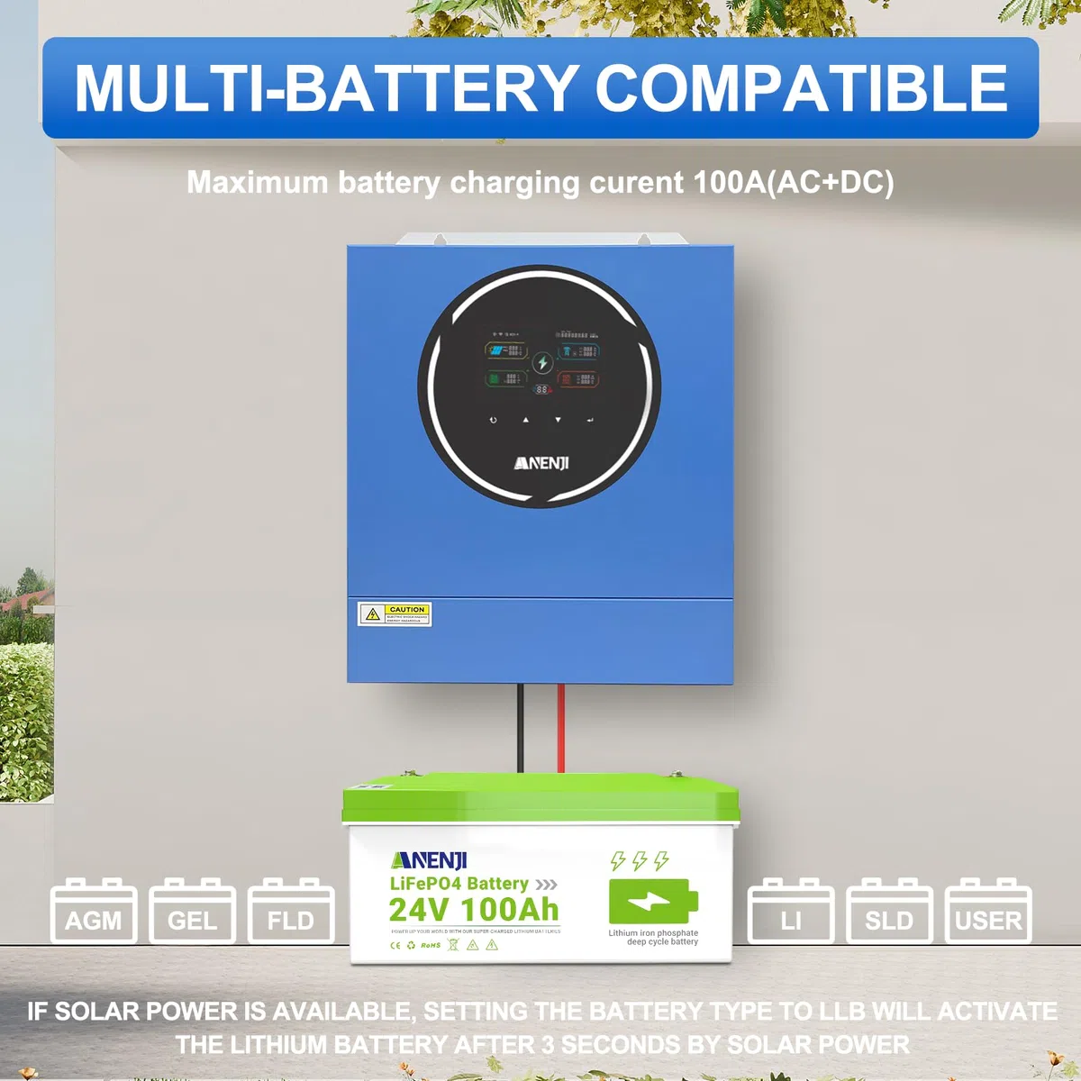 5000W Hybrid Wechselrichter 48V 230V Pure Sine Wave, Integriertes WLAN, 2 AC-Ausgänge, 100A MPPT Solar Laderegler, PV 60-500Vdc, Off-Grid Inverter für Lithium (LiFePO4) & Blei-Batterien, Notstrom