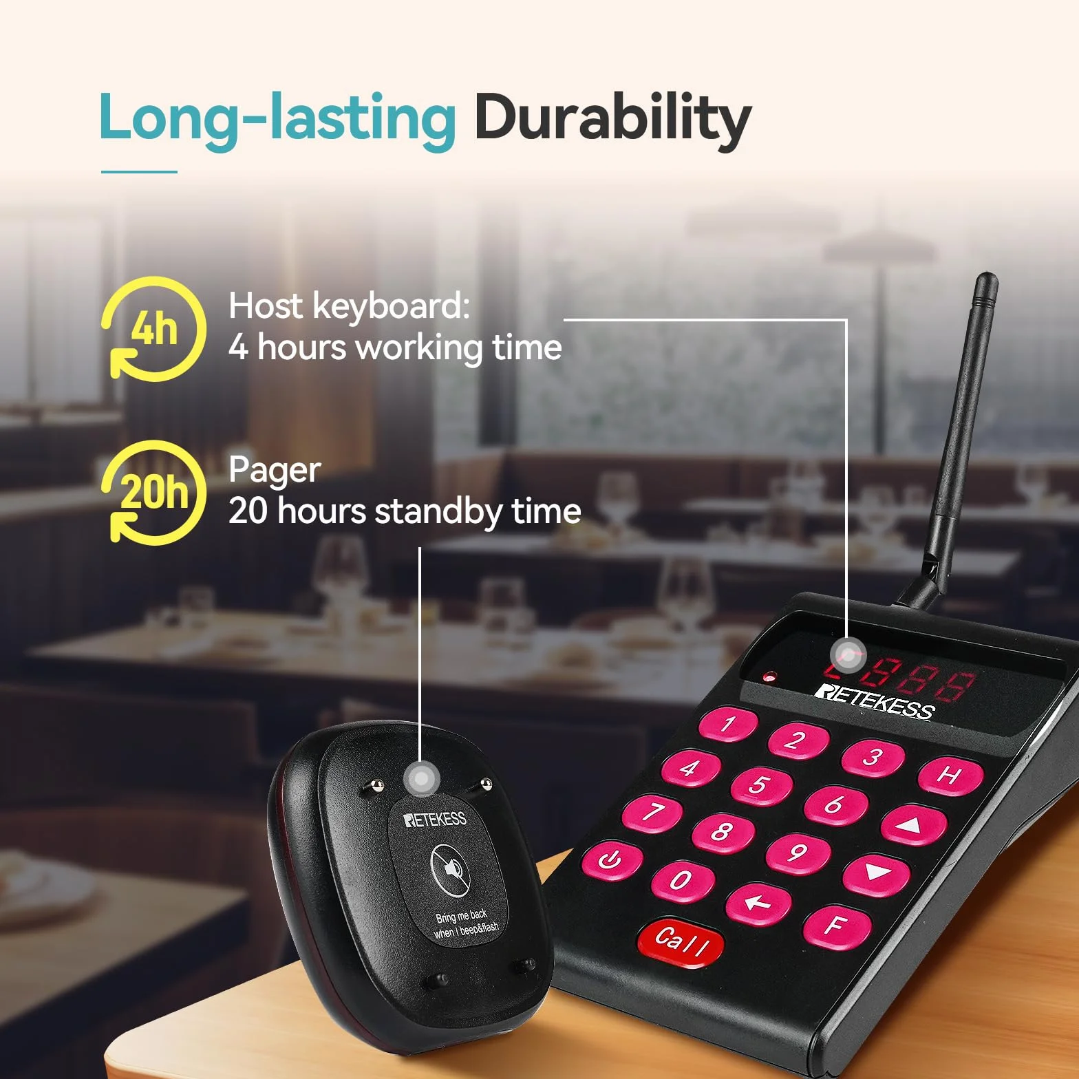 Retekess TD161 Pager Rufsystem, 500M Restaurant Pager, 20 Pagers, Tastatur mit 1000 mA, Einfache Handhabung, mit Stummschalttaste, 7 Anrufmodi, Magnetisches Laden, Pager Pieper für Café, Bar, Klinik